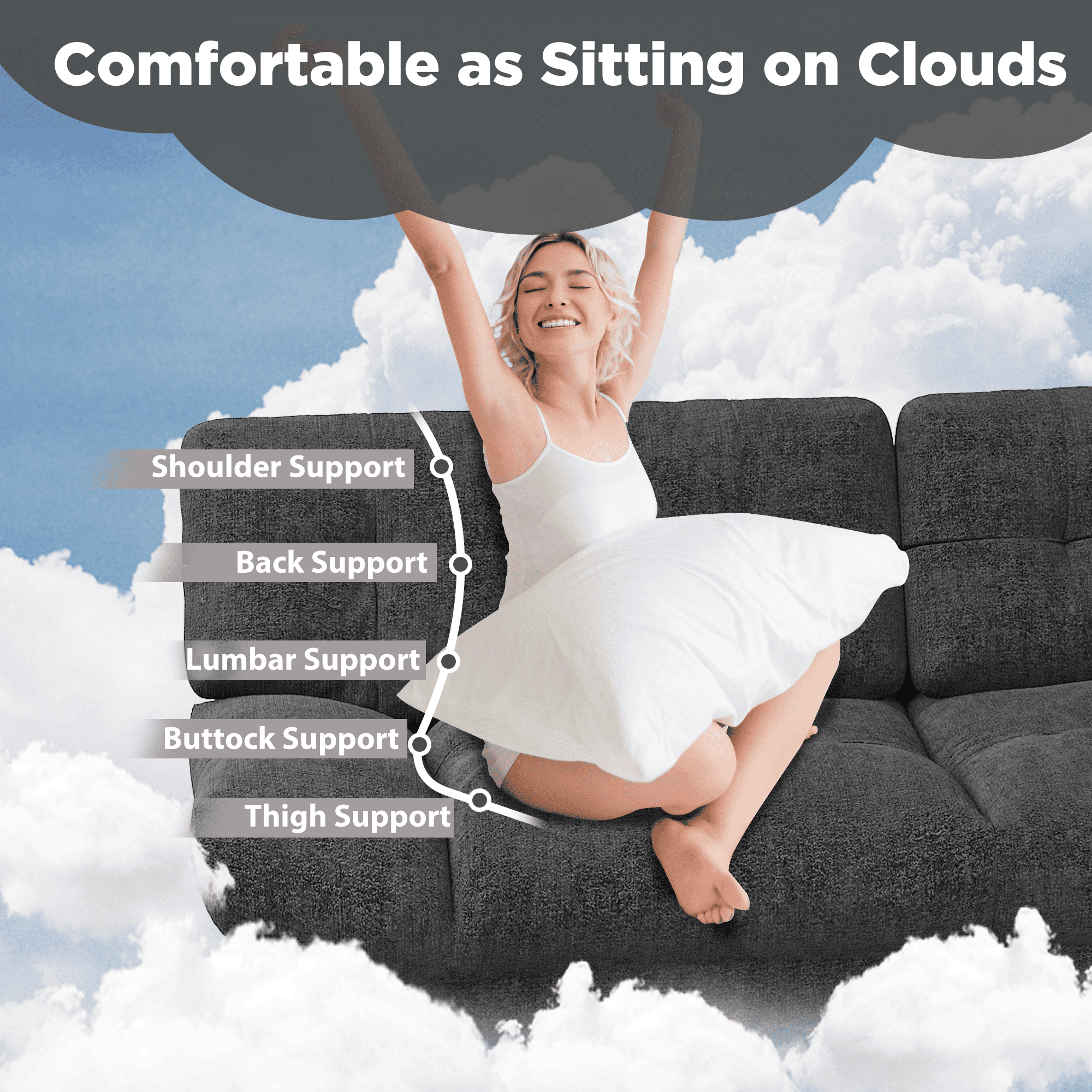 HOMREST 80 Inch Chenille Cloud Sofa Loveseat, Deep Seat Couch with Pillow Armrests, Dark Grey