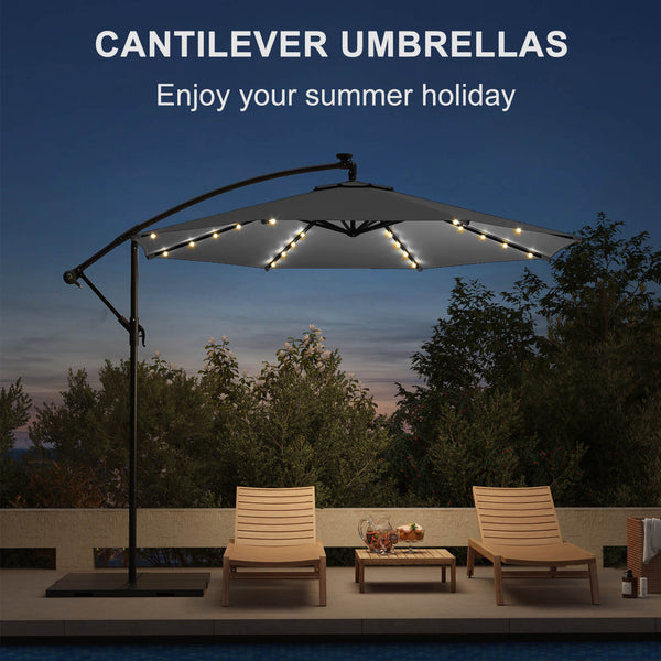Homrest 10ft Solar Lighted Patio Umbrella, Infinite Tilt, Crank and Cross Base, Gray