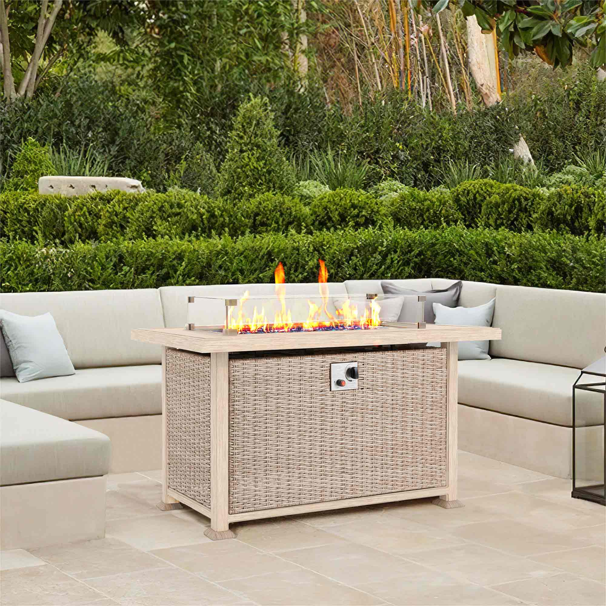 44 in Auto-Ignition Propane Fire Pit with Aluminum Table Top and Glass Wind Guard, Gray