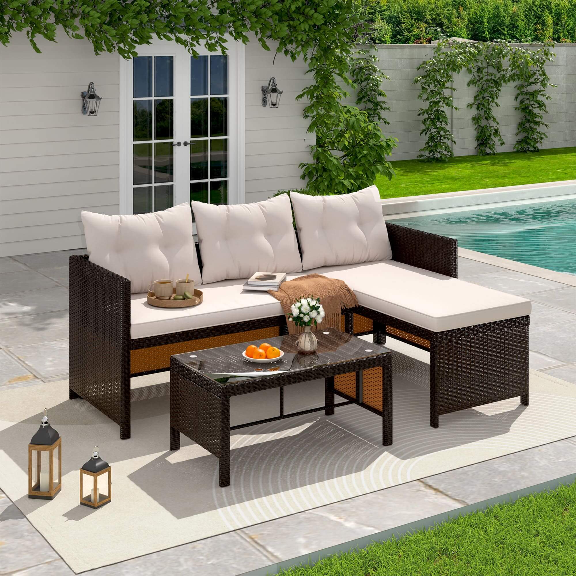 HOMREST 3 Piece Outdoor Patio Furniture Set, All-Weather PE Rattan Sofa Set with Glass Table & Cushions, Khaki