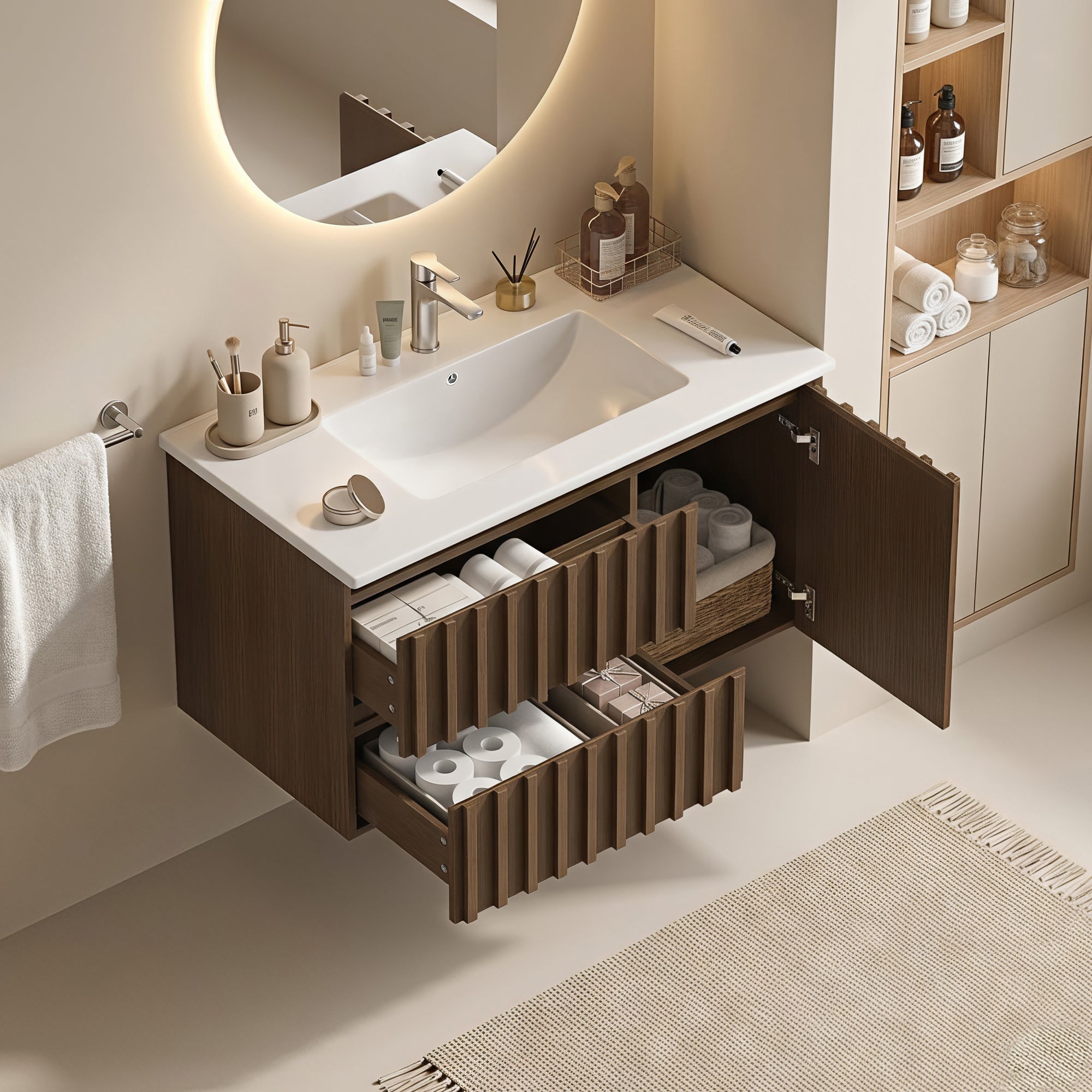 Homrest 36" Wall Mounted Single Bathroom Vanity With Ceramic Sink, Bathroom Vanity With Spacious Cabinet And 2 Soft-close Drawers,  Brown