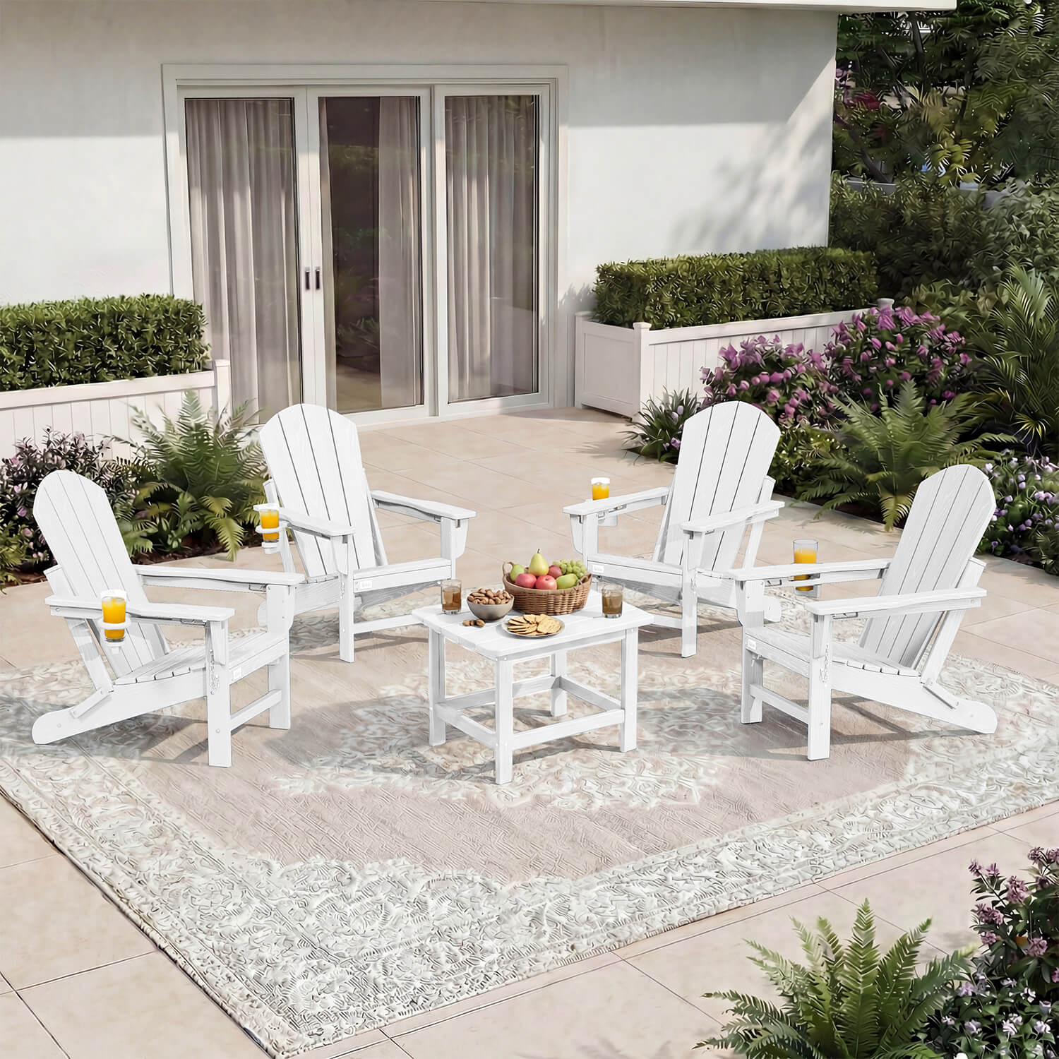 HOMREST 3-Position Adjustable Adirondack Chairs Set of 4, 400LBS HDPE Folding Outdoor Chairs with Cup Holder, White