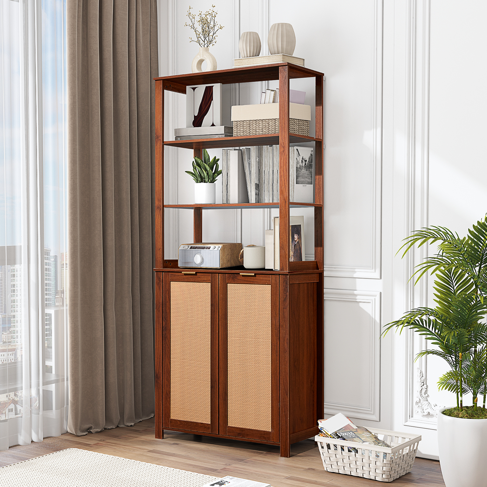 HOMREST Rattan Bookcase with cabinet, Heavy Duty Freestanding Bookcase With Storage Open Display, Walnut Brown