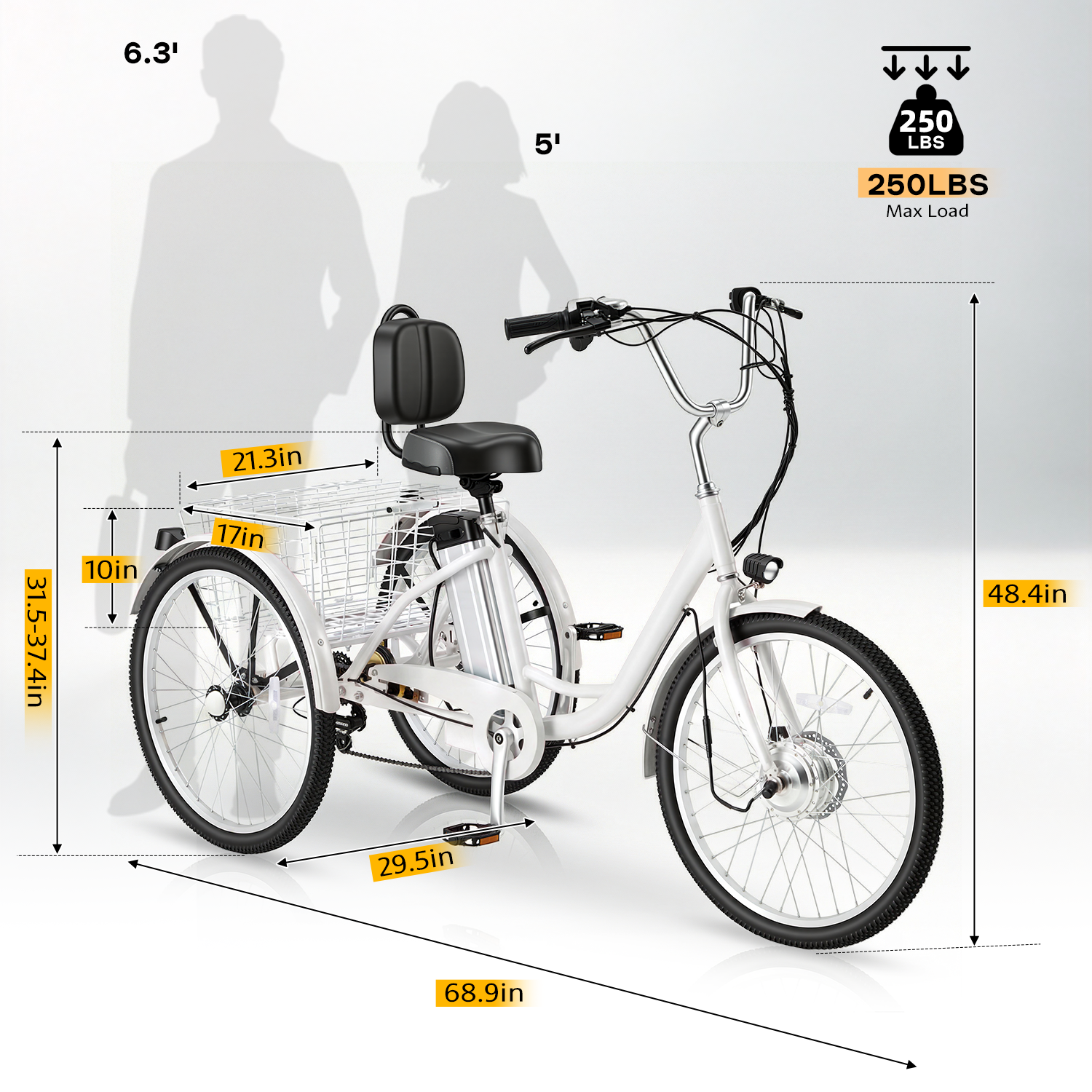 HOMREST Electric Trike for Adults,Peak 500W Brushless Motor, E-Trike with 24" x 2" Tires, Removable Battery, Charger,Step-Thru 3-Wheel Electric Bicycle, Up to 55 Miles Range, 15.5MPH+ Speed, White