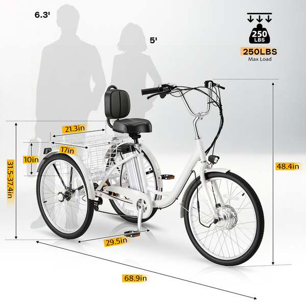 HOMREST Electric Trike for Adults,Peak 500W Brushless Motor, E-Trike with 24