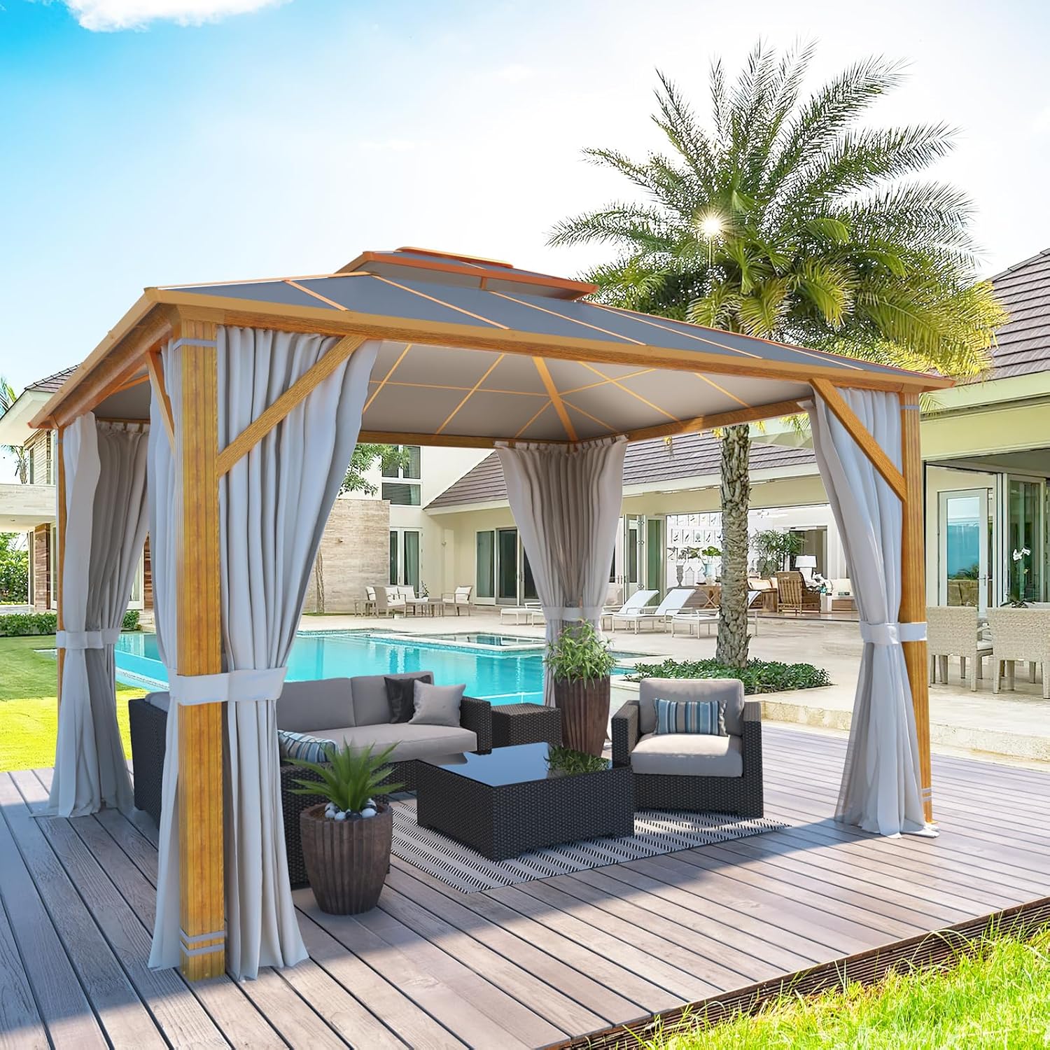 Homrest 10X12 Gazebo Outdoor Double Roof Aluminum Composite Canopy Aluminum Frame Pavilion with Curtains and Netting
