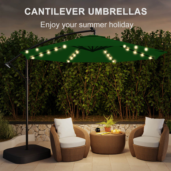 Homrest 10ft Solar Lighted Patio Umbrella with Base, Outdoor Cantilever Umbrella, Infinite Tilt, Green