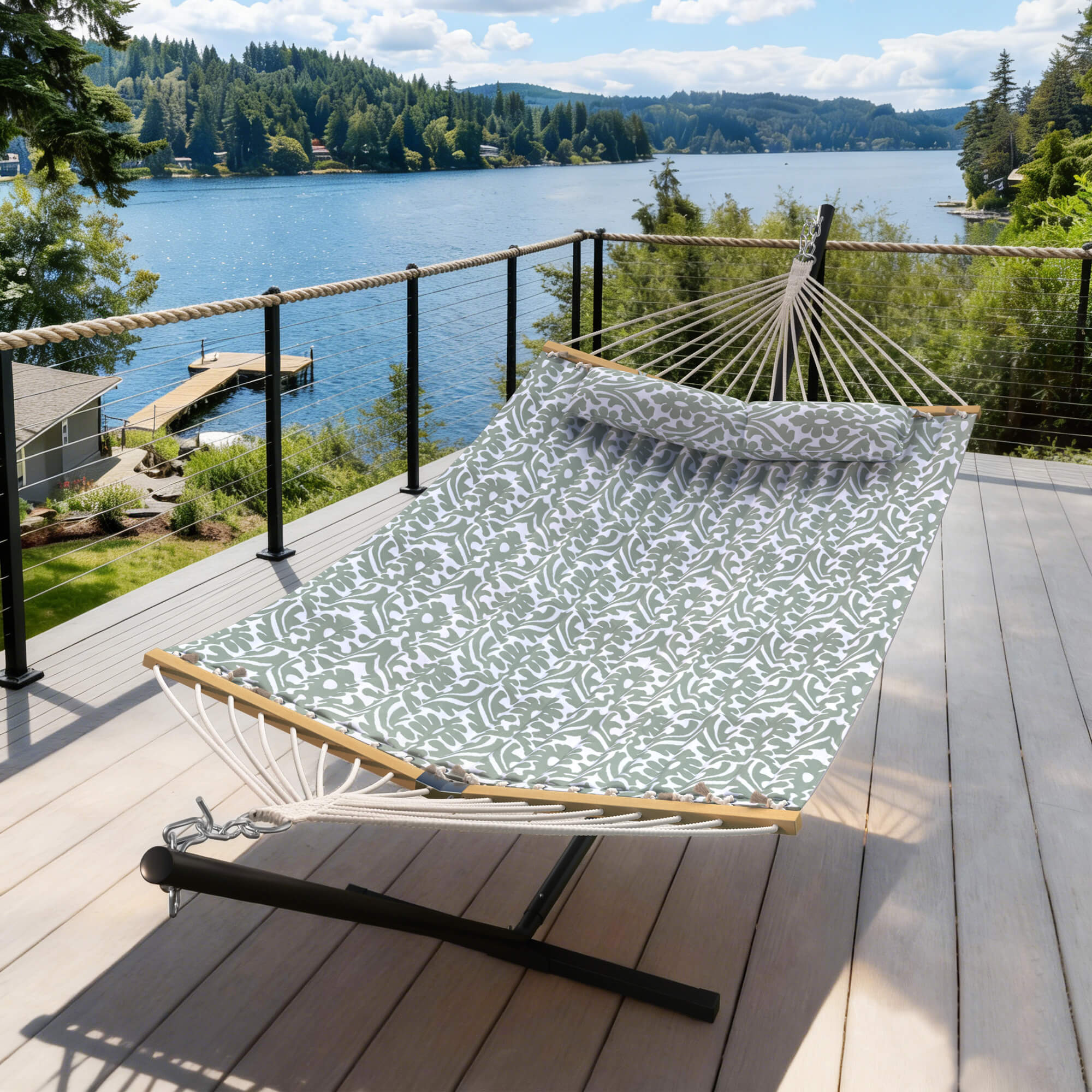HOMREST Modern Rope Hammock with Stand, Portable Outdoor Hammock for Backyard, Beach & Camping, Gray Floral