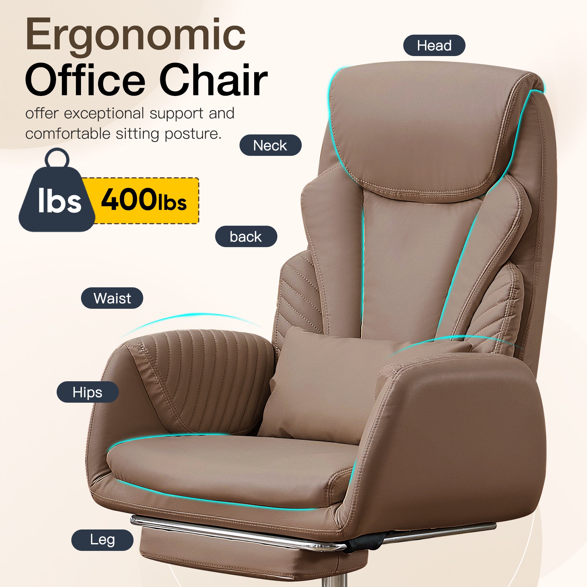 HOMREST Modern Cross Legged Office Chair with Footrest,Leather Ergonomic Executive Chair with Lumbar Pillow, Brown
