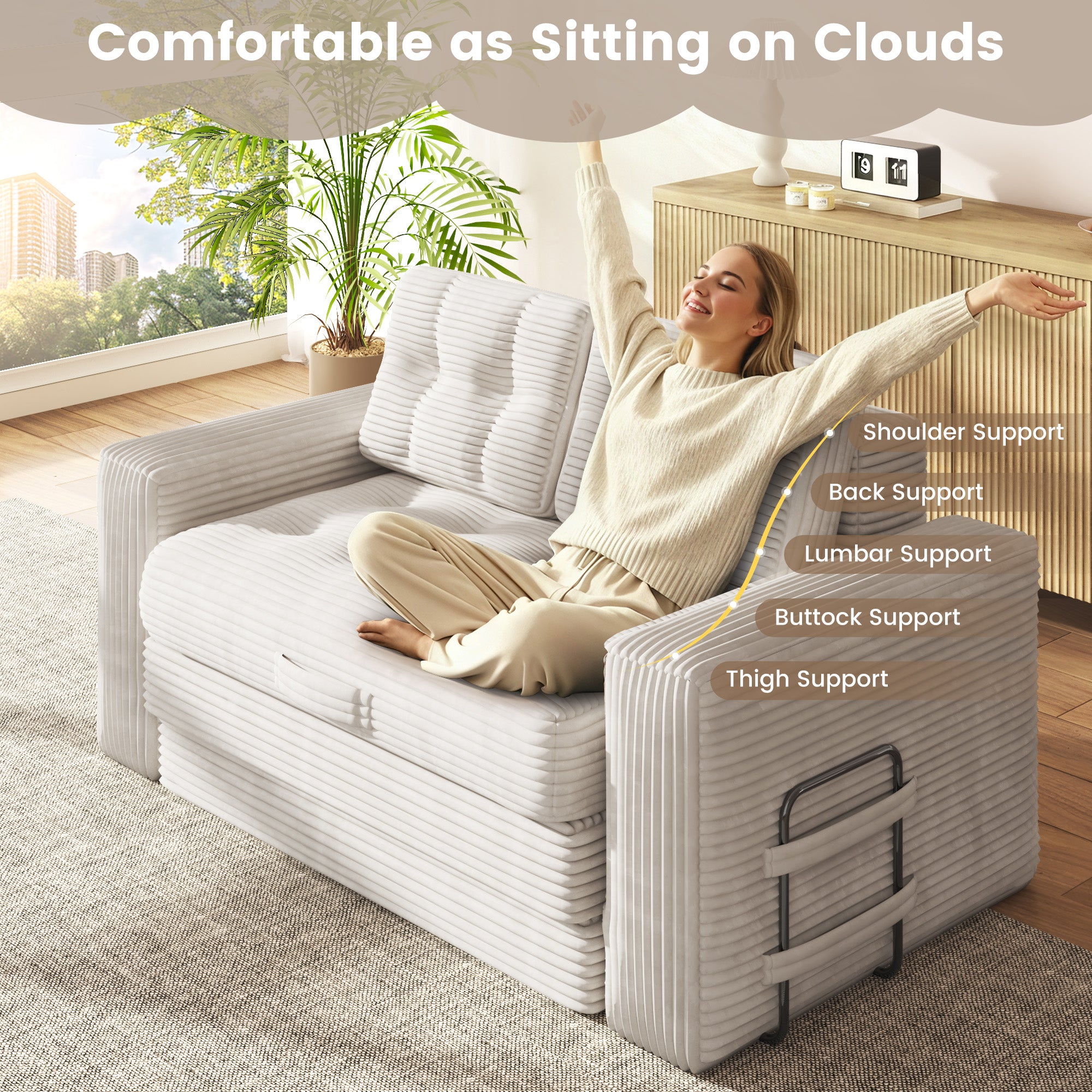 HOMREST No Assembly Needed Convertible Sofa Bed, 2 in 1 Boneless Couch Bed with 2 Pillows, Beige