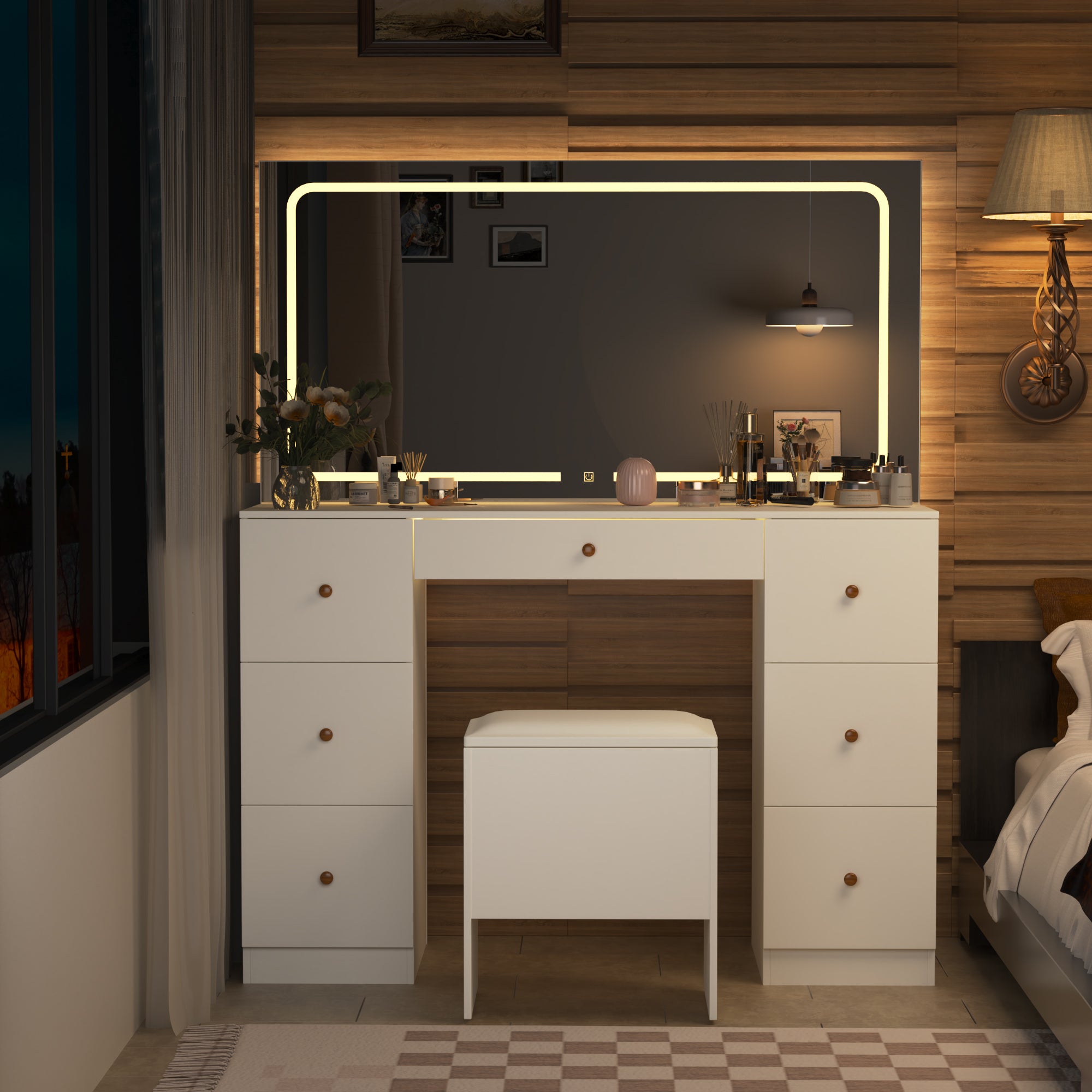 Homrest Modern Makeup Vanity Desk With Stool, USB & Power Outlet, Large Vanity Desk With Led Lighted Mirror & Charger Station , 7 Drawers Vanity Table With Cushioned Stool, White