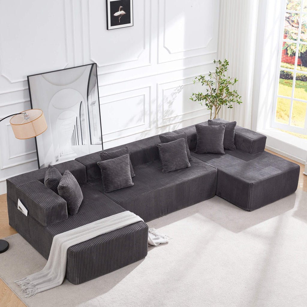 HOMREST 131" Oversize Corduroy Deep Seat Modular Sectional Couch, Large U-Shaped Floor Sofa for Living Room & Apartment, Gray
