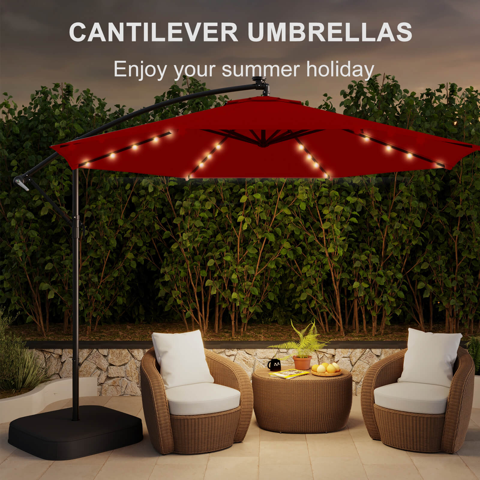Homrest 10ft Solar Lighted Patio Umbrella with Base, Outdoor Cantilever Umbrella, Infinite Tilt, Burgundy