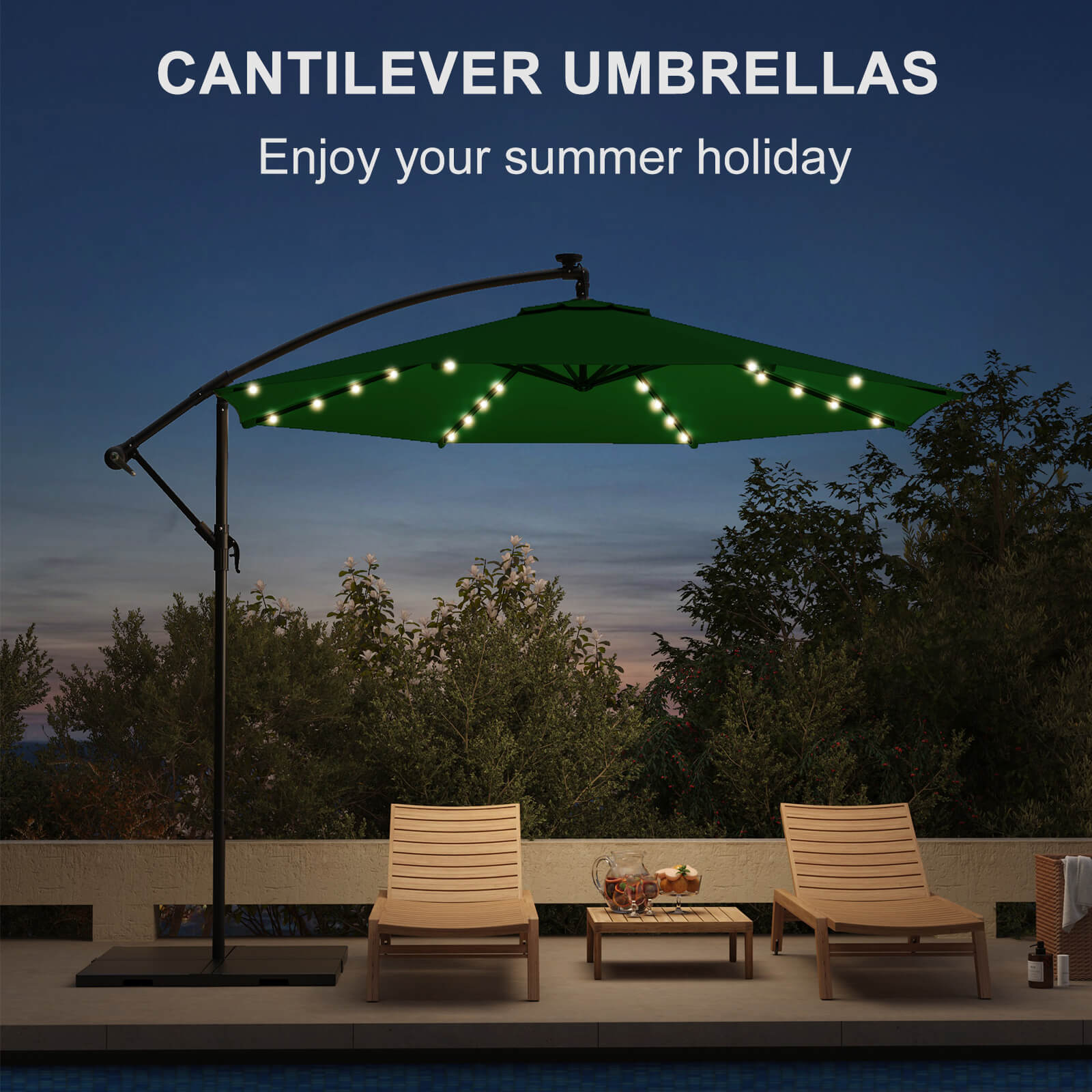 Homrest 10ft Solar Lighted Patio Umbrella, Infinite Tilt, Crank and Cross Base, Green