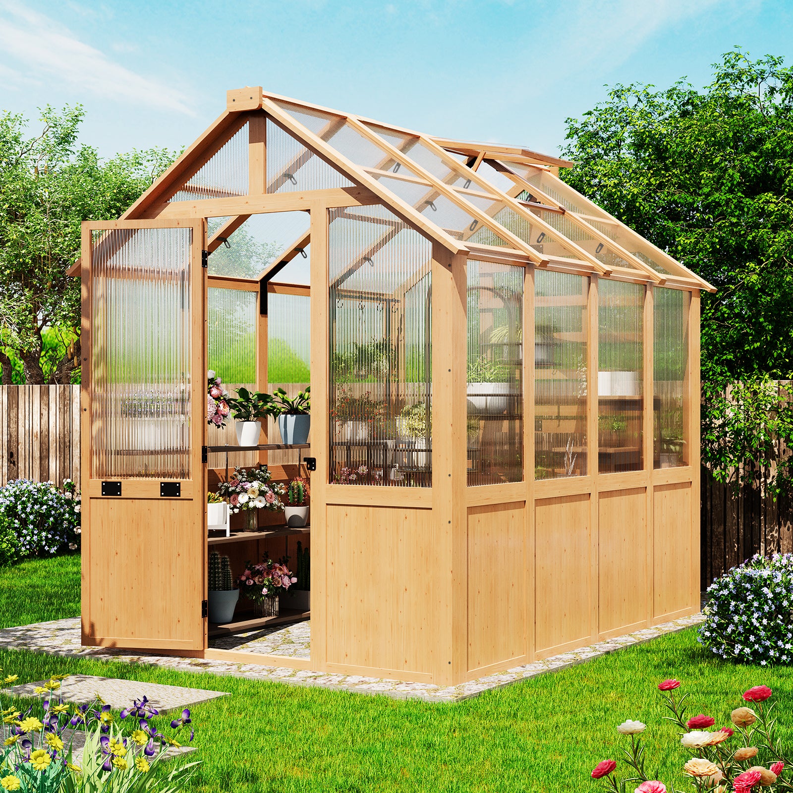 HOMREST 6x8 FT Wooden Greenhouse for Outdoors, Walk-in Greenhouse Kit with 4mm Polycarbonate Panels, Adjustable Roof Vent, Lockable Door, Outdoor Greenhouse for Backyard Garden