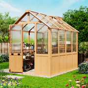 HOMREST 6x8 FT Wooden Greenhouse for Outdoors, Walk-in Greenhouse Kit with 4mm Polycarbonate Panels, Adjustable Roof Vent, Lockable Door, Outdoor Greenhouse for Backyard Garden