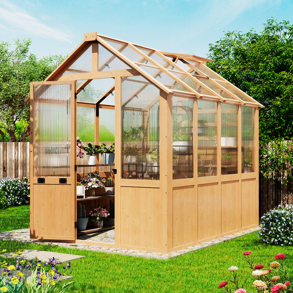 HOMREST 6x8 FT Wooden Greenhouse for Outdoors, Walk-in Greenhouse Kit with 4mm Polycarbonate Panels, Adjustable Roof Vent, Lockable Door, Outdoor Greenhouse for Backyard Garden