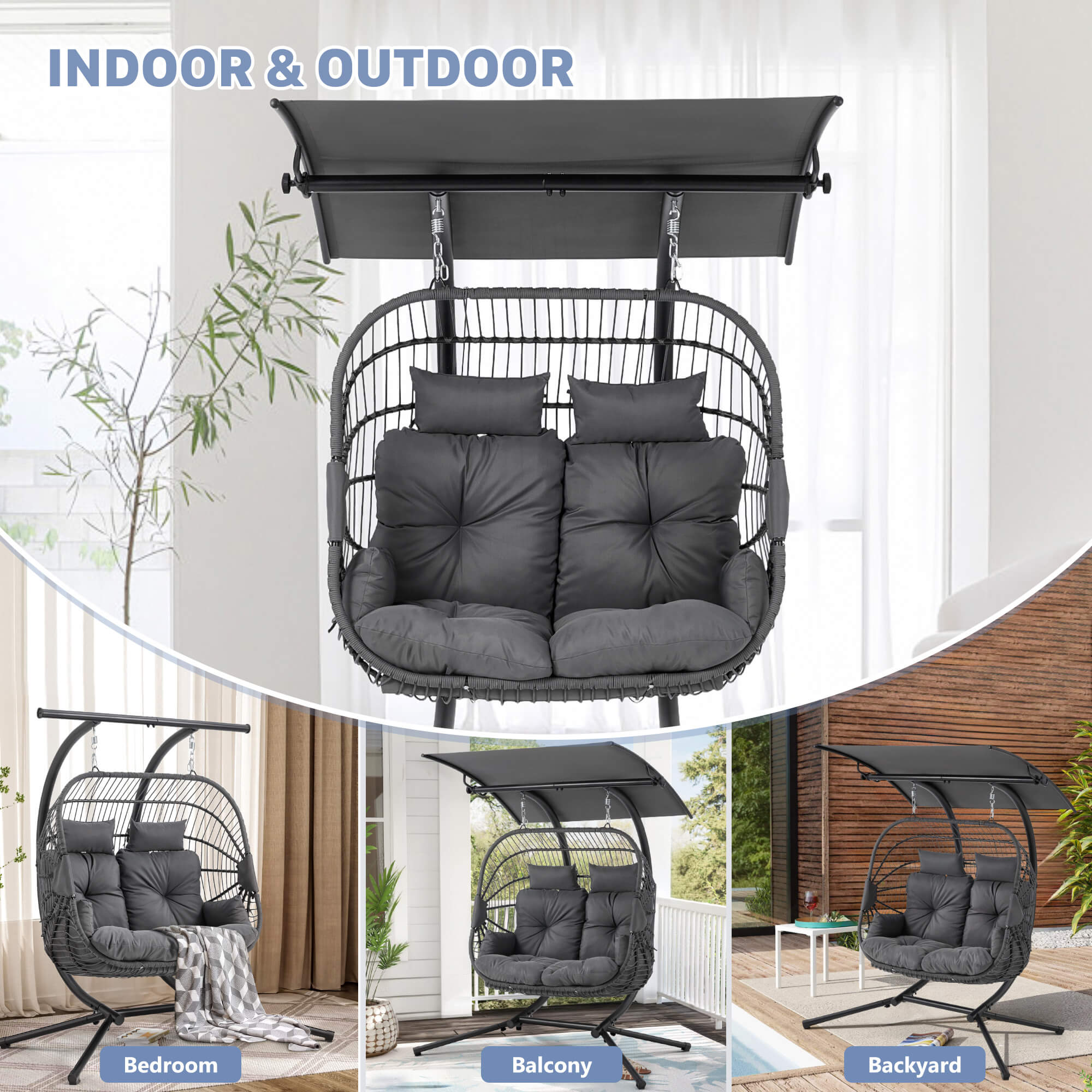 HOMREST Double Hanging Egg Chair with Stand, Wicker Loveseat Swing with Extra Cushion, Gray