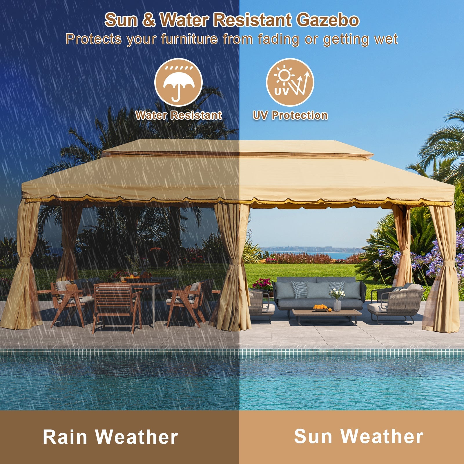Homrest 10x20 Outdoor Canopy Gazebo with Netting and Shade Curtains, Beige