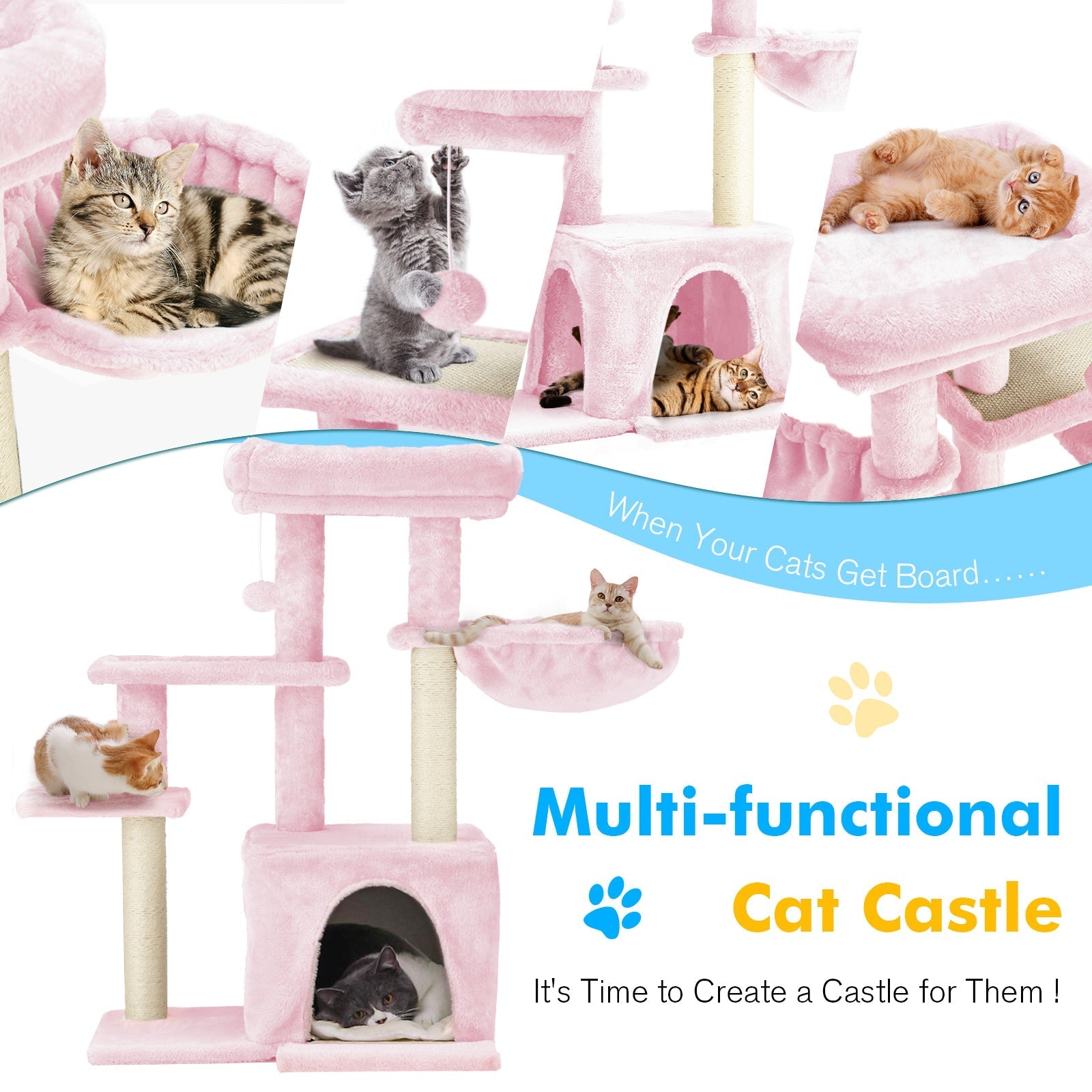 HOMREST 33 inches Multi-Level Cat Tree Cat Tower for Indoor Cats, Cat Condo with Scratching Post, Pink