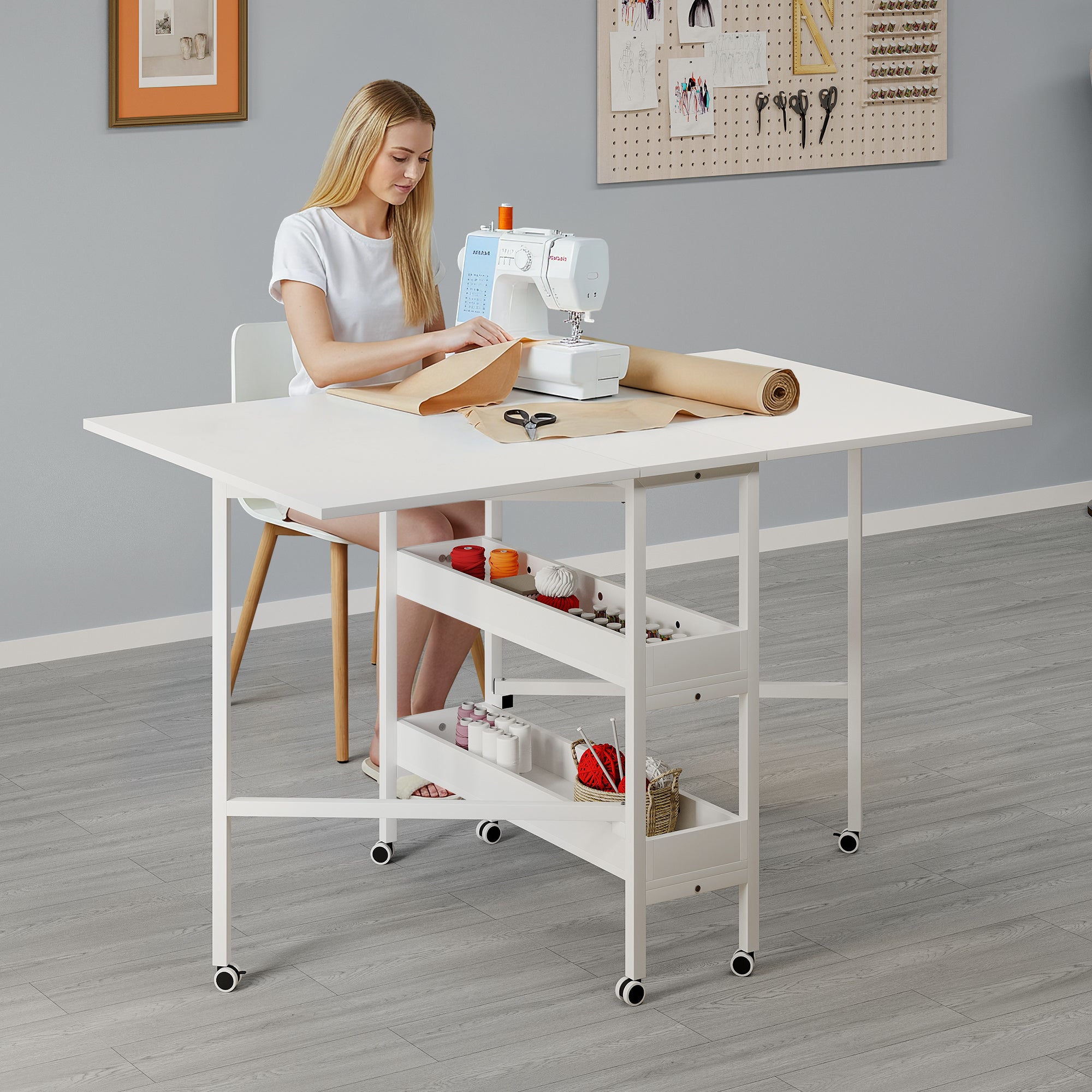HOMREST Home Hobby Sewing Table with Storage Shelves and Storage Bag, Mobile Folding Cutting Table for Large Fabric, Foldable Table for Home Office Sewing Room Craft Room, Fixed Height 36in