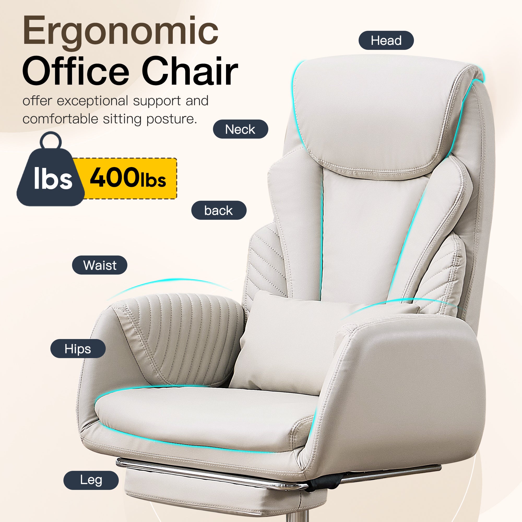 HOMREST Modern Cross Legged Office Chair with Footrest,Leather Ergonomic Executive Chair with Lumbar Pillow, Beige