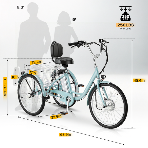 HOMREST Electric Trike for Adults,Peak 500W Brushless Motor, E-Trike with 24