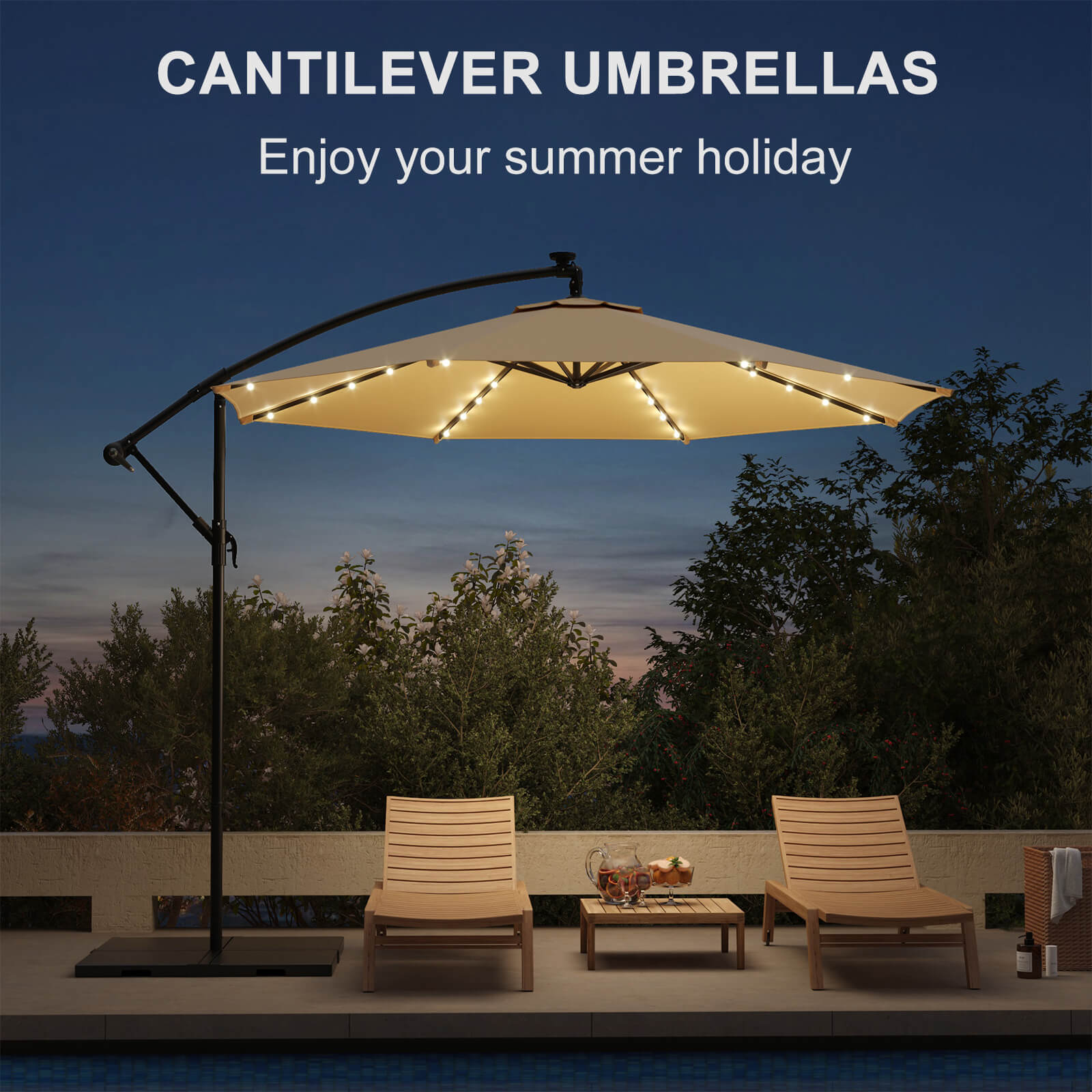 Homrest 10ft Solar Lighted Patio Umbrella, Infinite Tilt, Crank and Cross Base, Beige