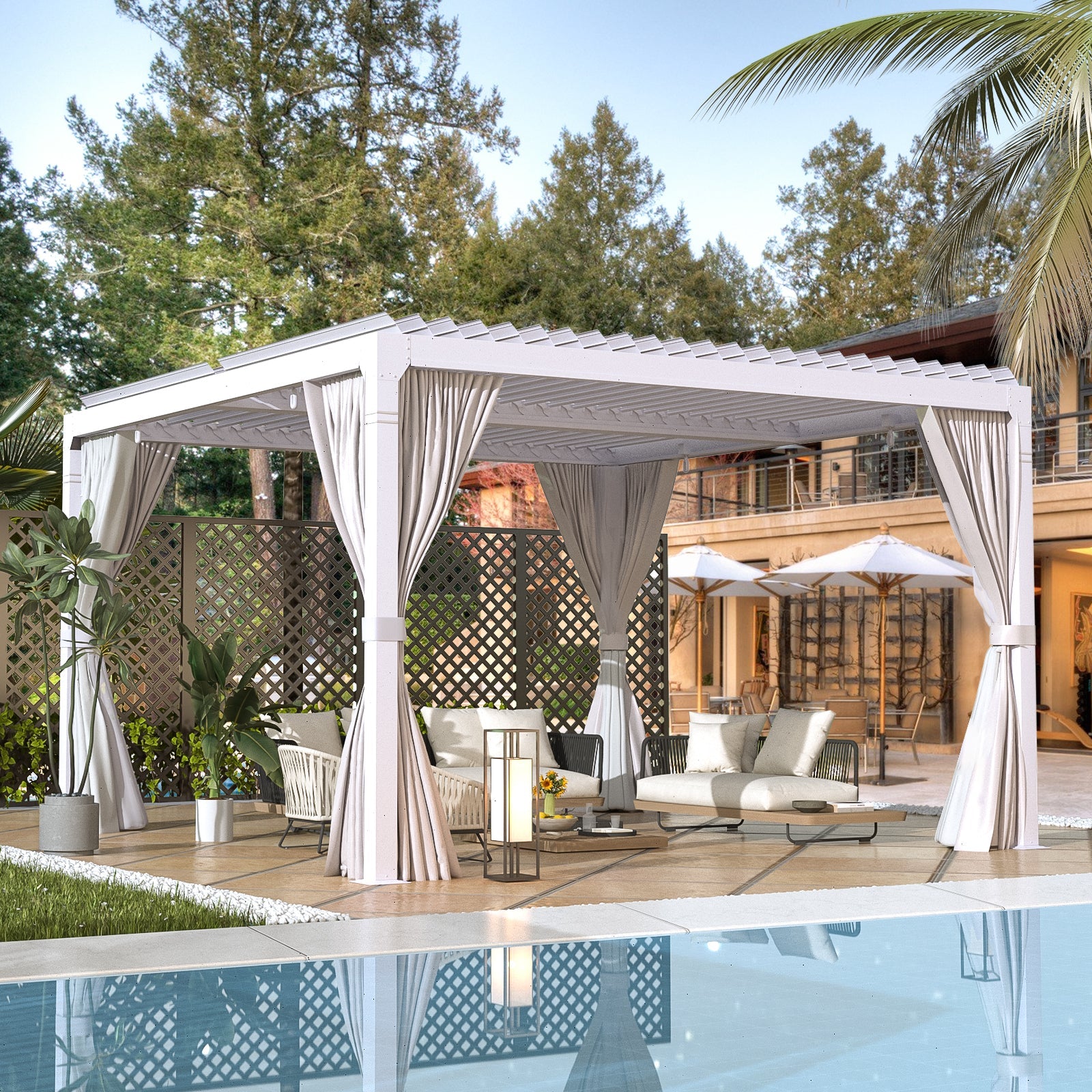 HOMREST Louvered Pergola 12x12 Outdoor Hard Top Pergola with Aluminum Frame and Adjustable Metal Rainproof Roof for Garden & Patio, Curtains and Netting Included, White