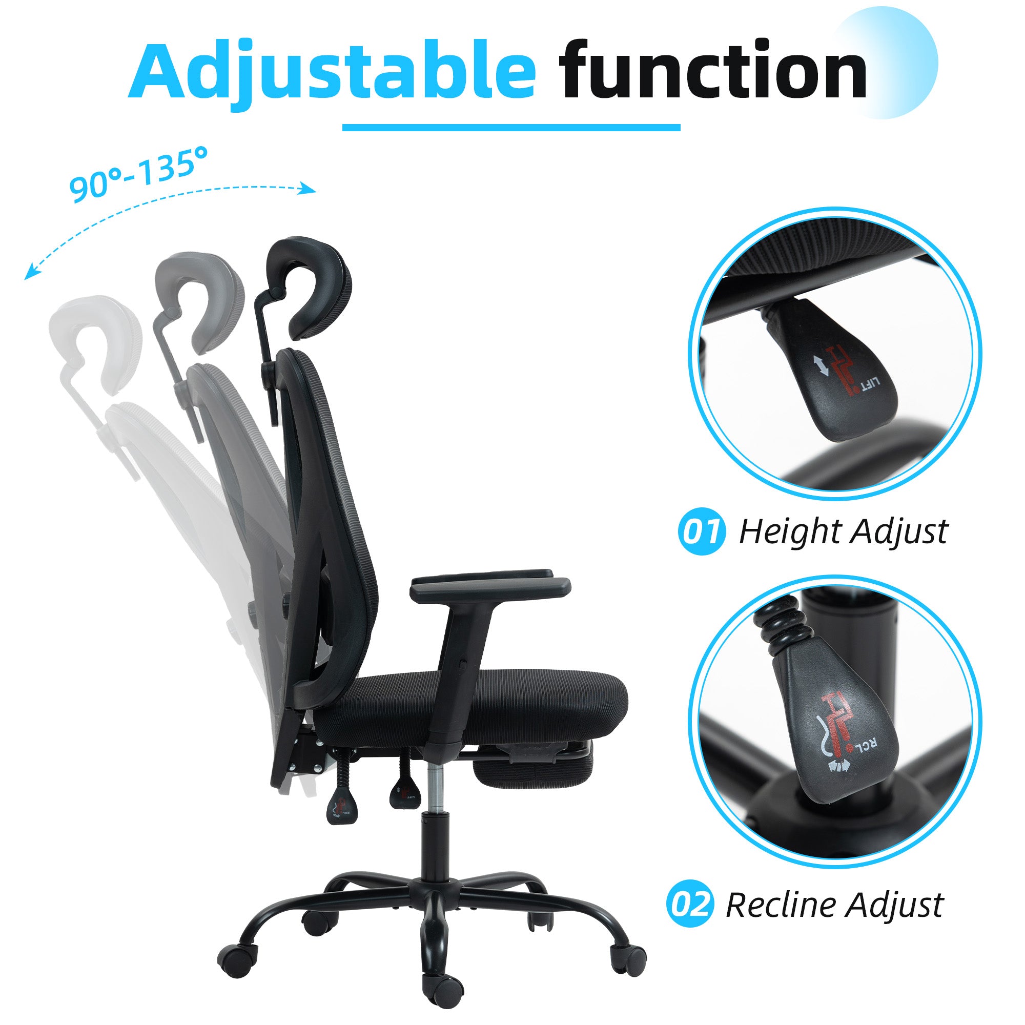 Homrest High-Back Ergonomic Mesh Office Chair with Footrest – Black