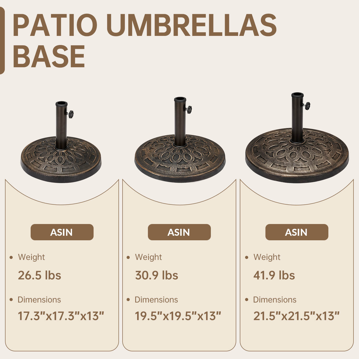 HOMREST 30 lbs Heavy Duty Round Antiqued Umbrella Base for 1.5“ or 1.9” Poles, for Outdoor, Lawn, Deck, Poolside & Patio Umbrella Stands