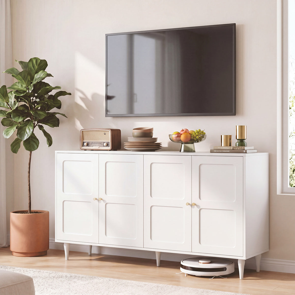 HOMREST Storage Cabinet with 4 Doors and Adjustable Shelves, Sideboard, White