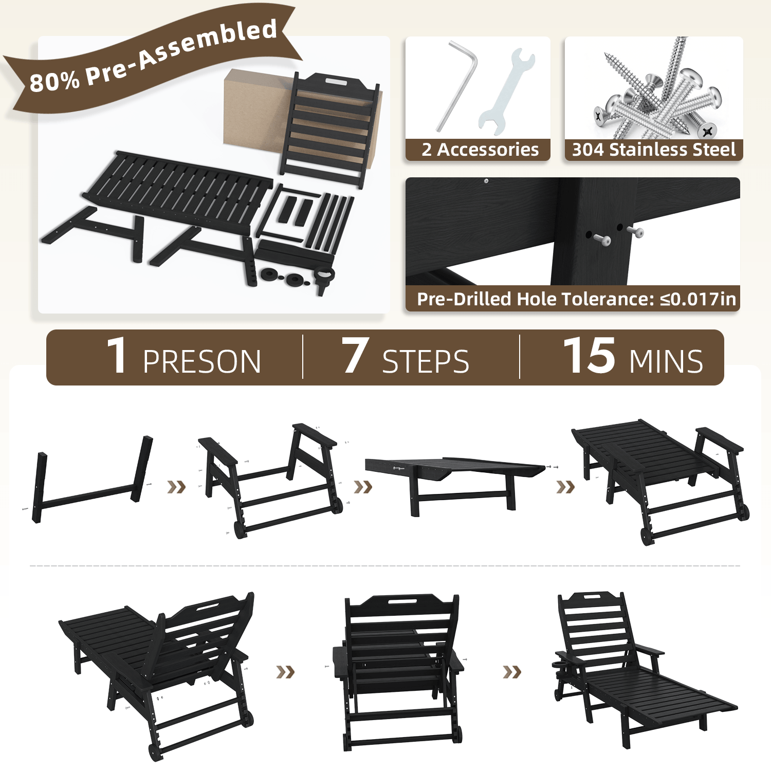 HOMREST 22" W Oversized Chaise Lounge Chairs, Adjustable HDPE Outdoor Chairs with Wheels & Cup Holder, Black