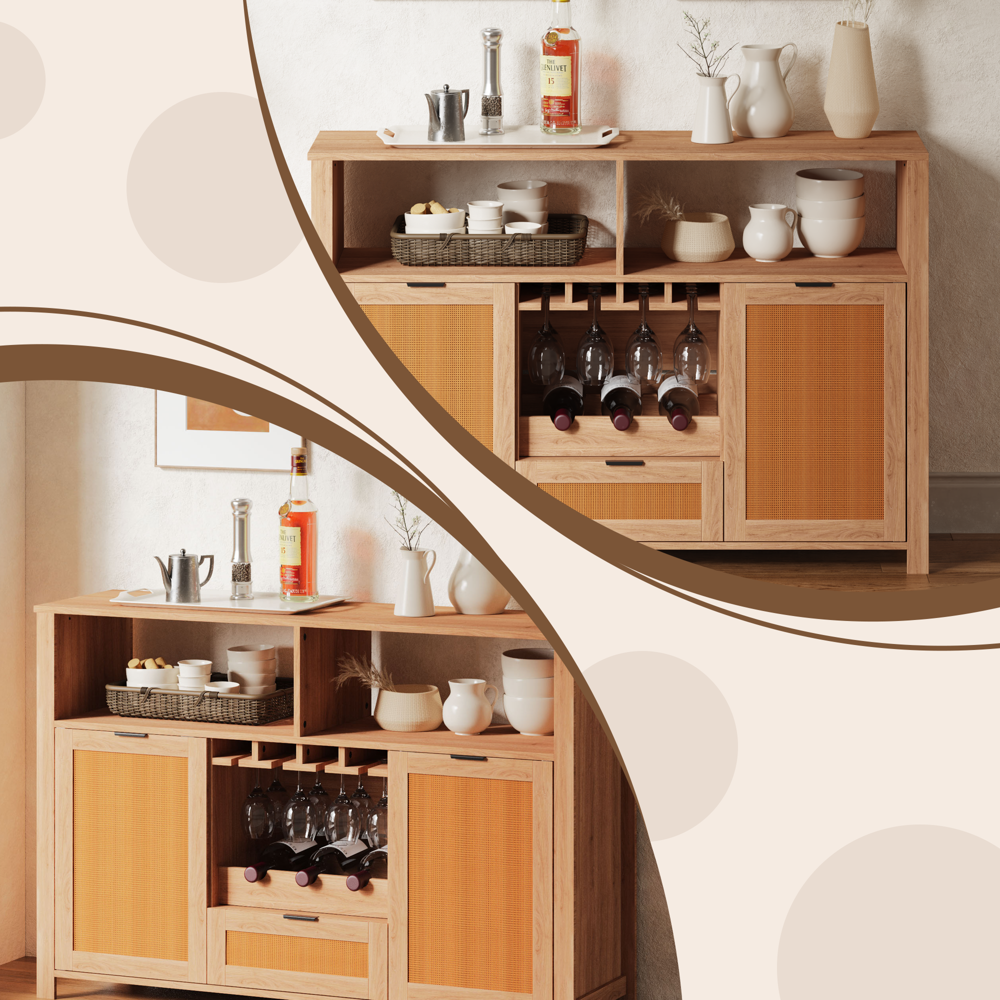 HOMREST Farmhouse Bar Cabinet with Storage, Wine Racks and Drawers for Dining Room and Living Room,Beige