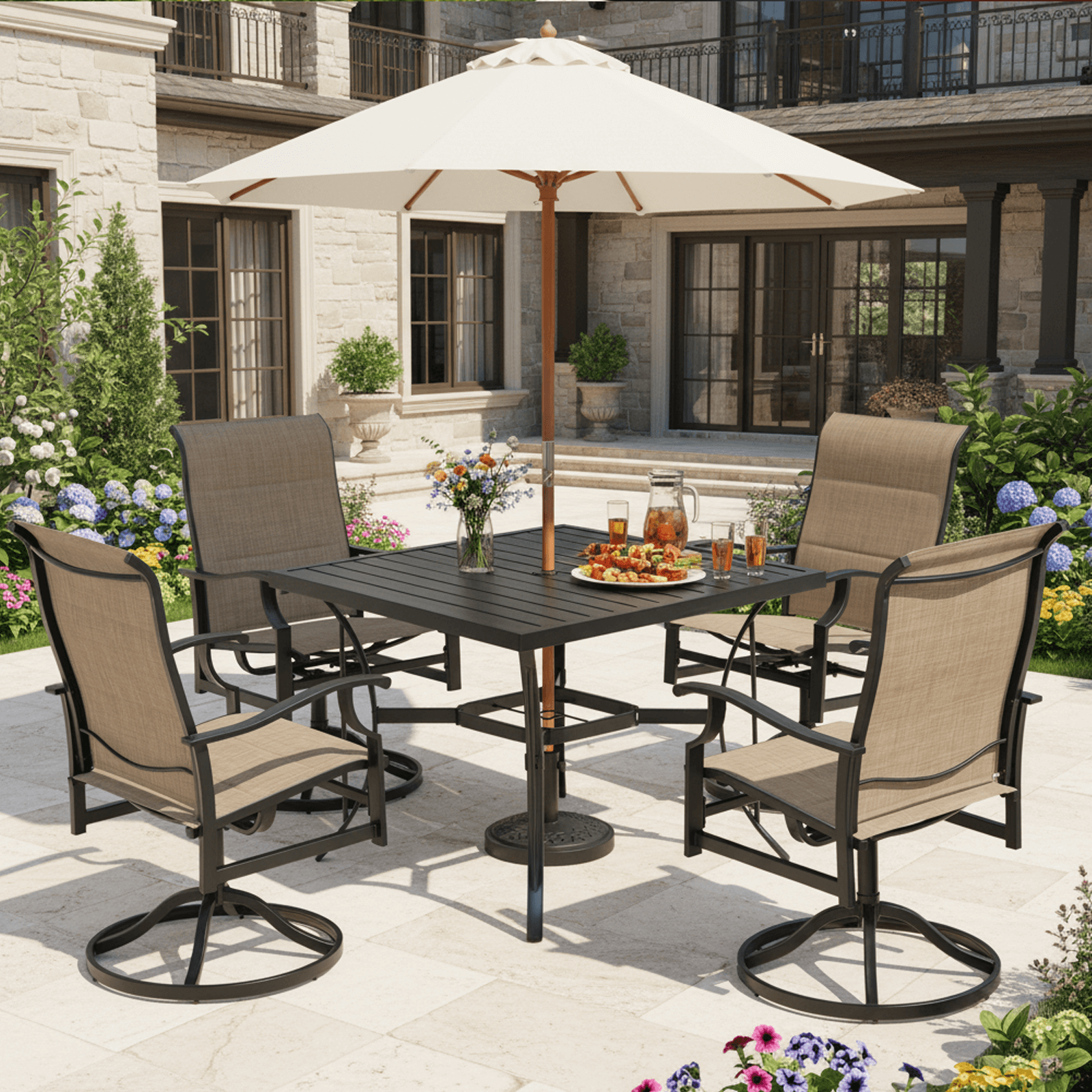 HOMREST 5-Piece Patio Furniture Set Outdoor Dining Table & Chairs with Umbrella Hole, 360° Swivel Rocking Chair, Brown