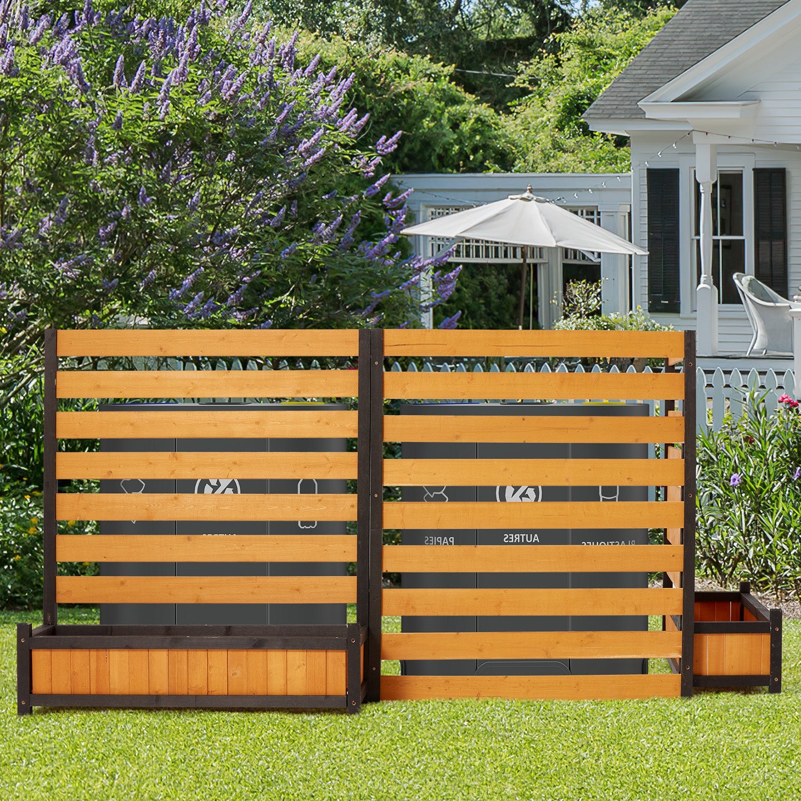 HOMREST No-Dig Privacy Fence with Planter Box - 3 Panels, 33" W x 39" H Durable Outdoor Patio Wood Screen for AC Unit, Trash Hide & Floral Garden Bed, Yellow