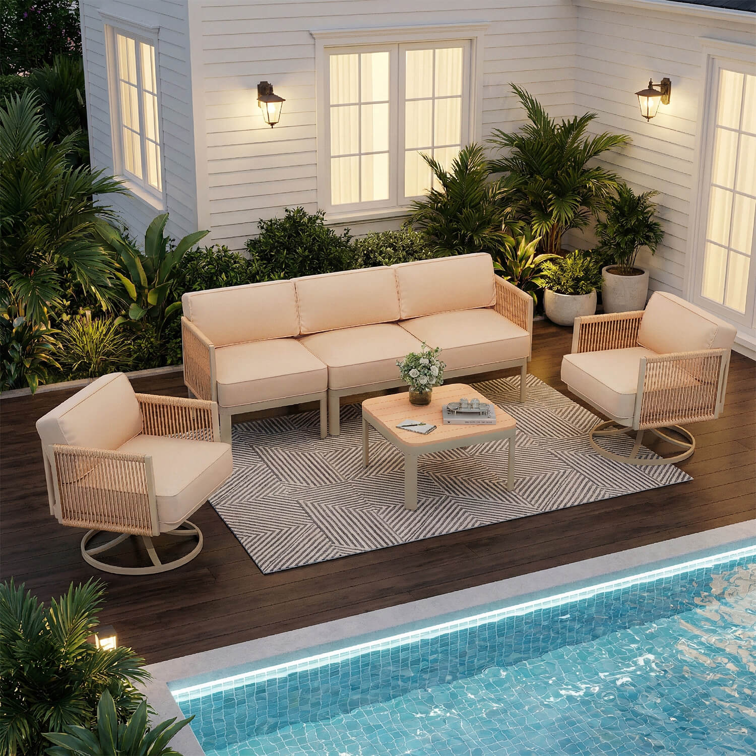 HOMREST 5 Seats Patio Furniture Set,Outdoor Swivel Glider Rocking Chairs with 6" Thick Cushions, 3-seat & Coffee Table, Beige