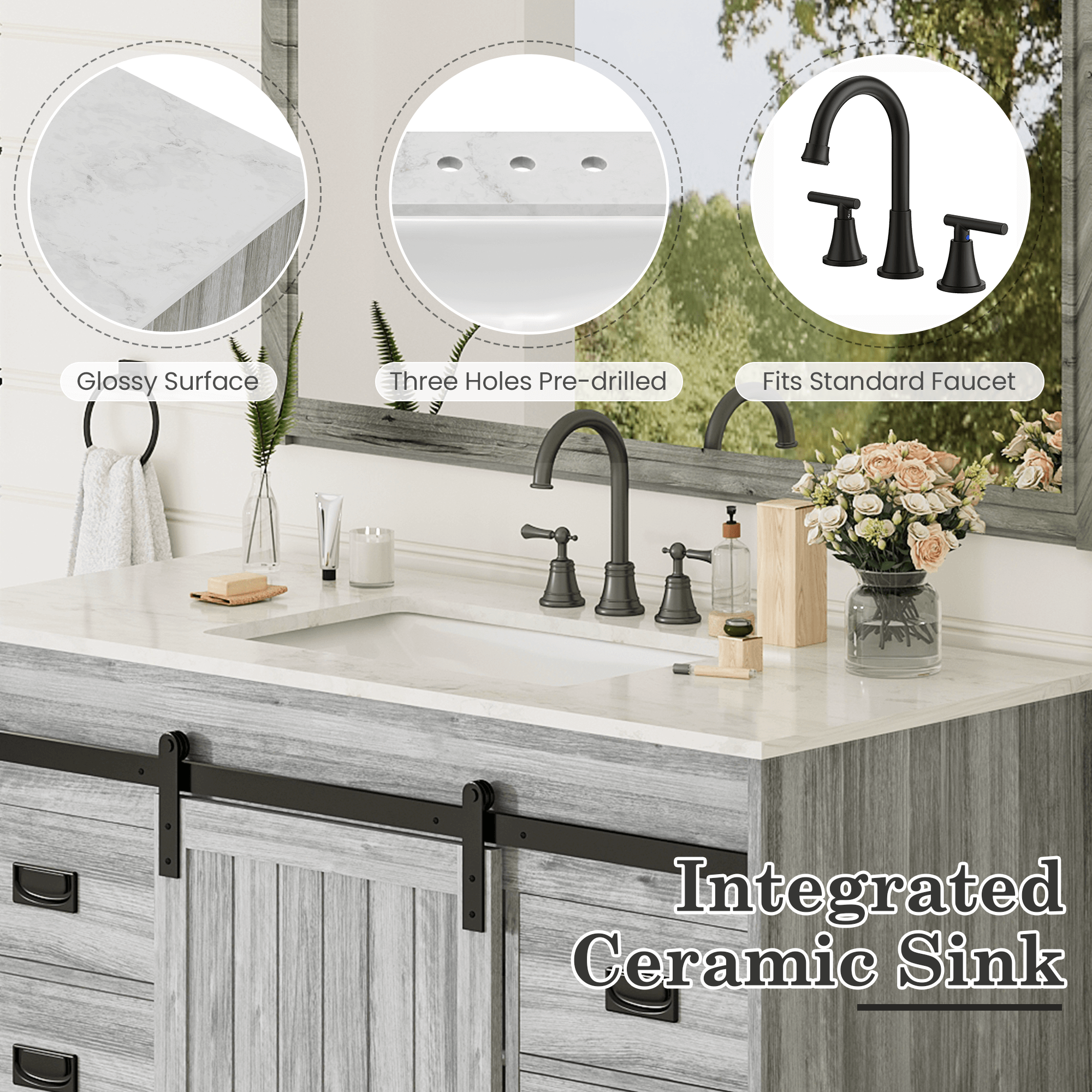 HOMREST 48" Farmhouse Single Bathroom Vanity with Engineered Stone Top, Sliding Barn Door Sink Vanity, Gray
