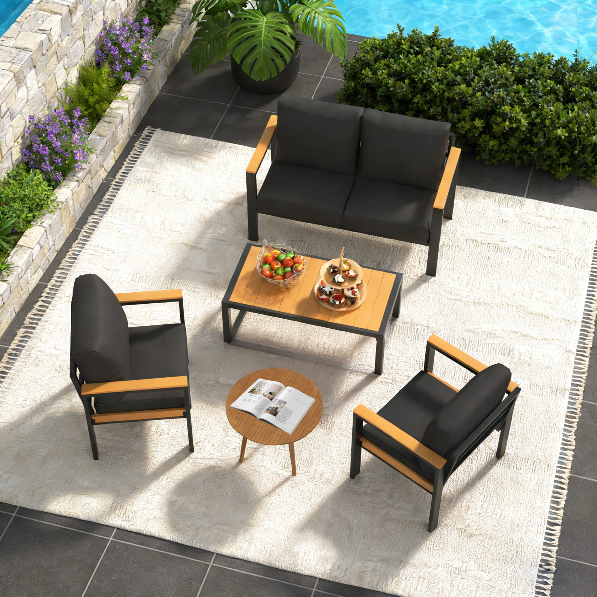 HOMREST 4 Piece Patio Furniture Set, Metal Patio Conversation Set with Coffee Table, All-Weather Outdoor Furniture, Black