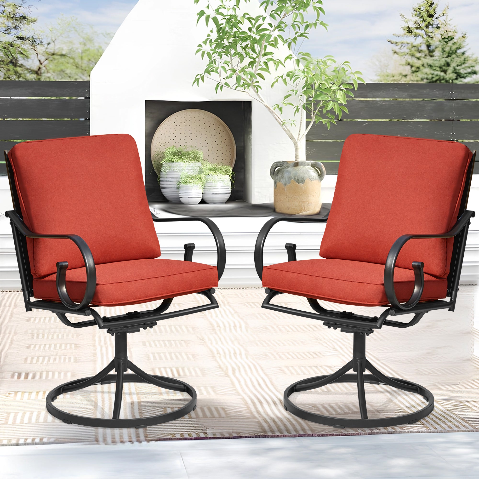 HOMREST  Patio Swivel Chair Set of 2, Outdoor Dining Chairs with Cushions, Red