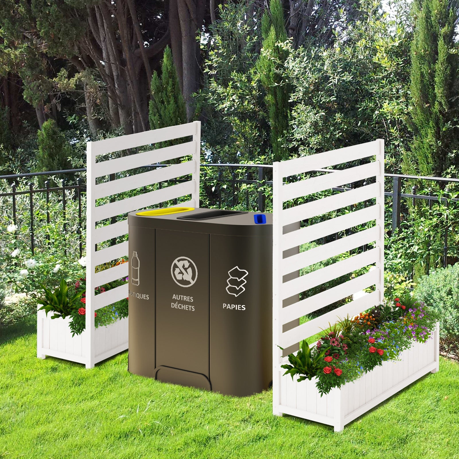 HOMREST 2-Pack No-Dig Privacy Fence Planter, Wood Outdoor Screen Air Conditioner Fence for AC Unit, Trash & Flower Bed, Weather-Resistant, 36" W x 45" H, White
