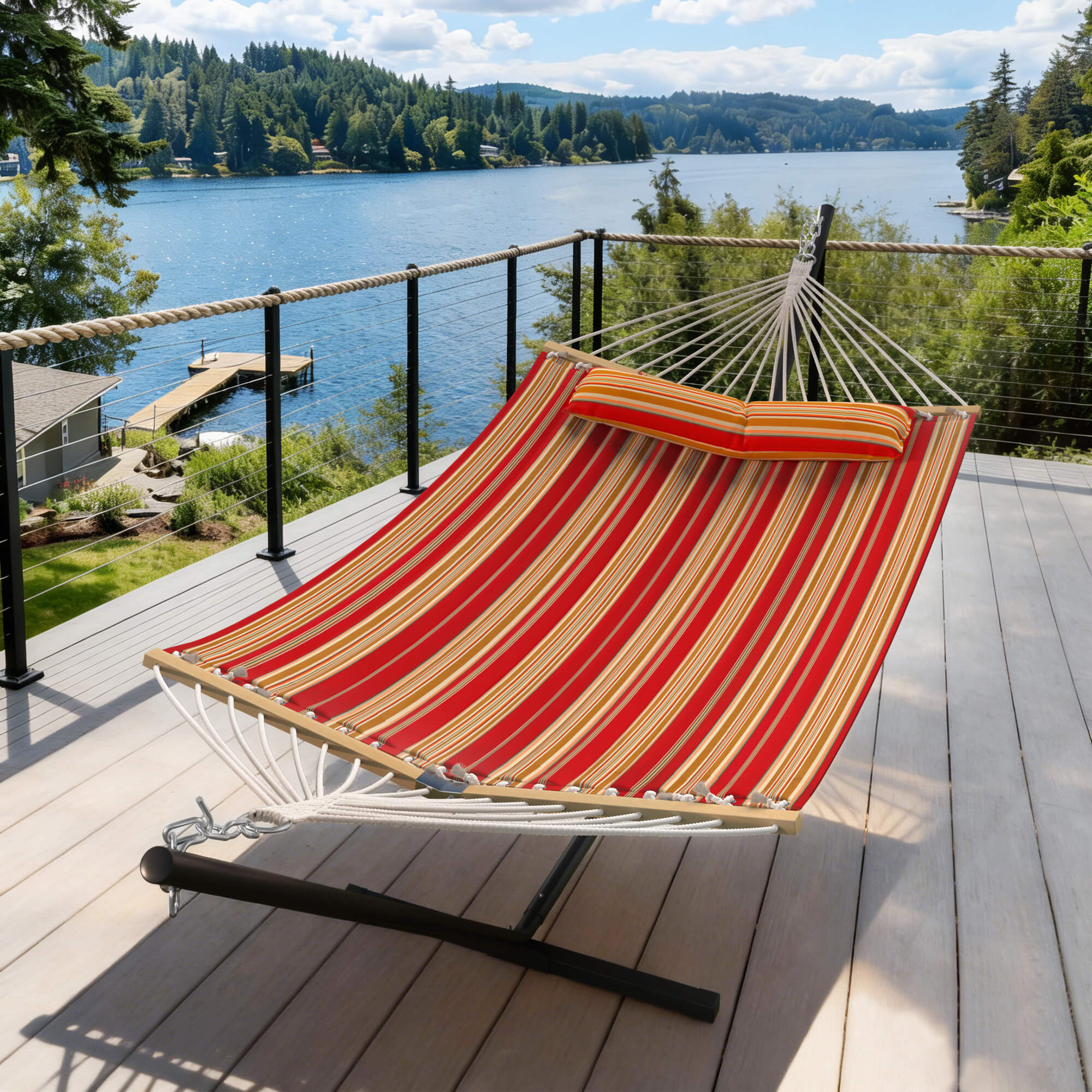 HOMREST Modern Rope Hammock with Stand, Portable Outdoor Hammock for Backyard, Beach & Camping, Red Stripes