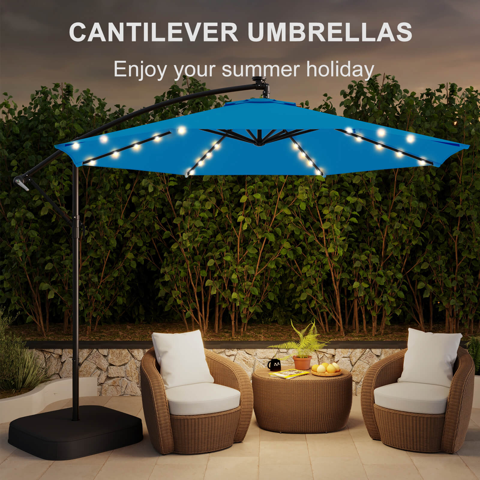 Homrest 10ft Solar Lighted Patio Umbrella with Base, Outdoor Cantilever Umbrella, Infinite Tilt, Rolay Blue