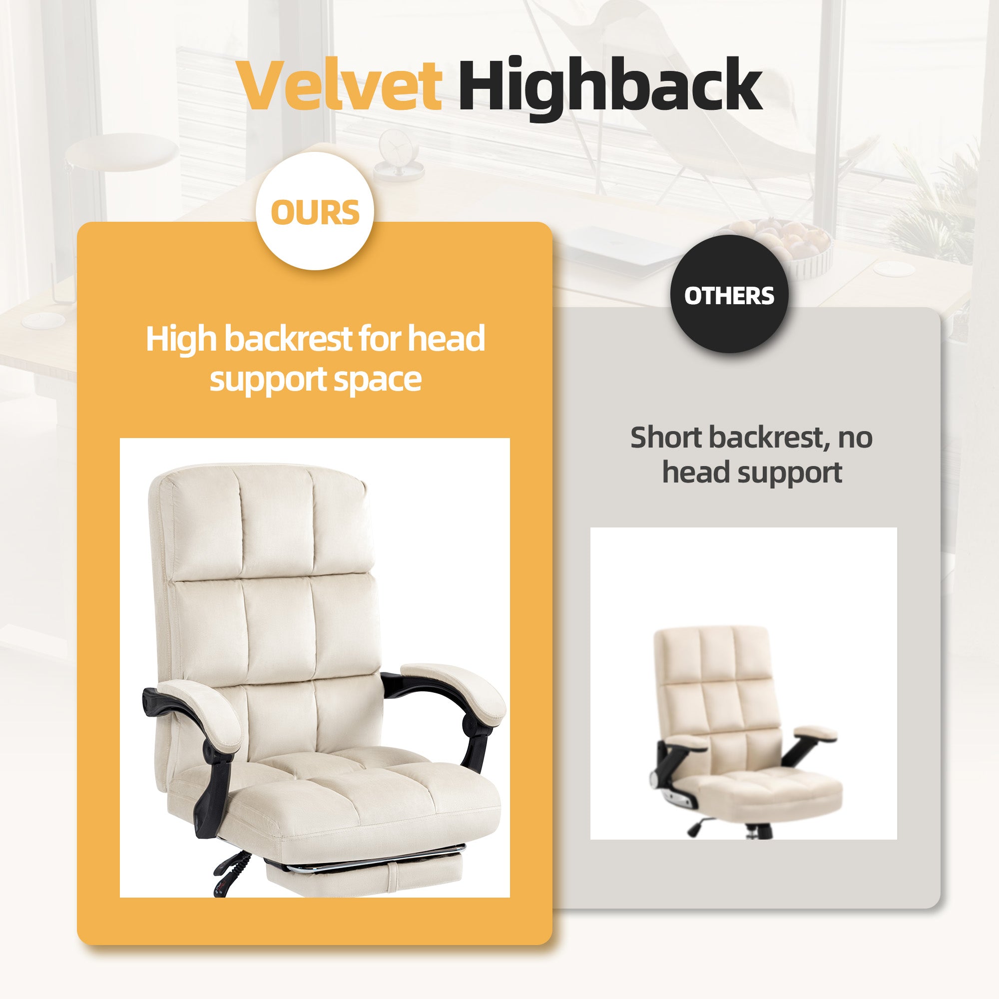 Homrest Velvet Executive Office Chair with Footrest – Adjustable Recline, High Back Comfort