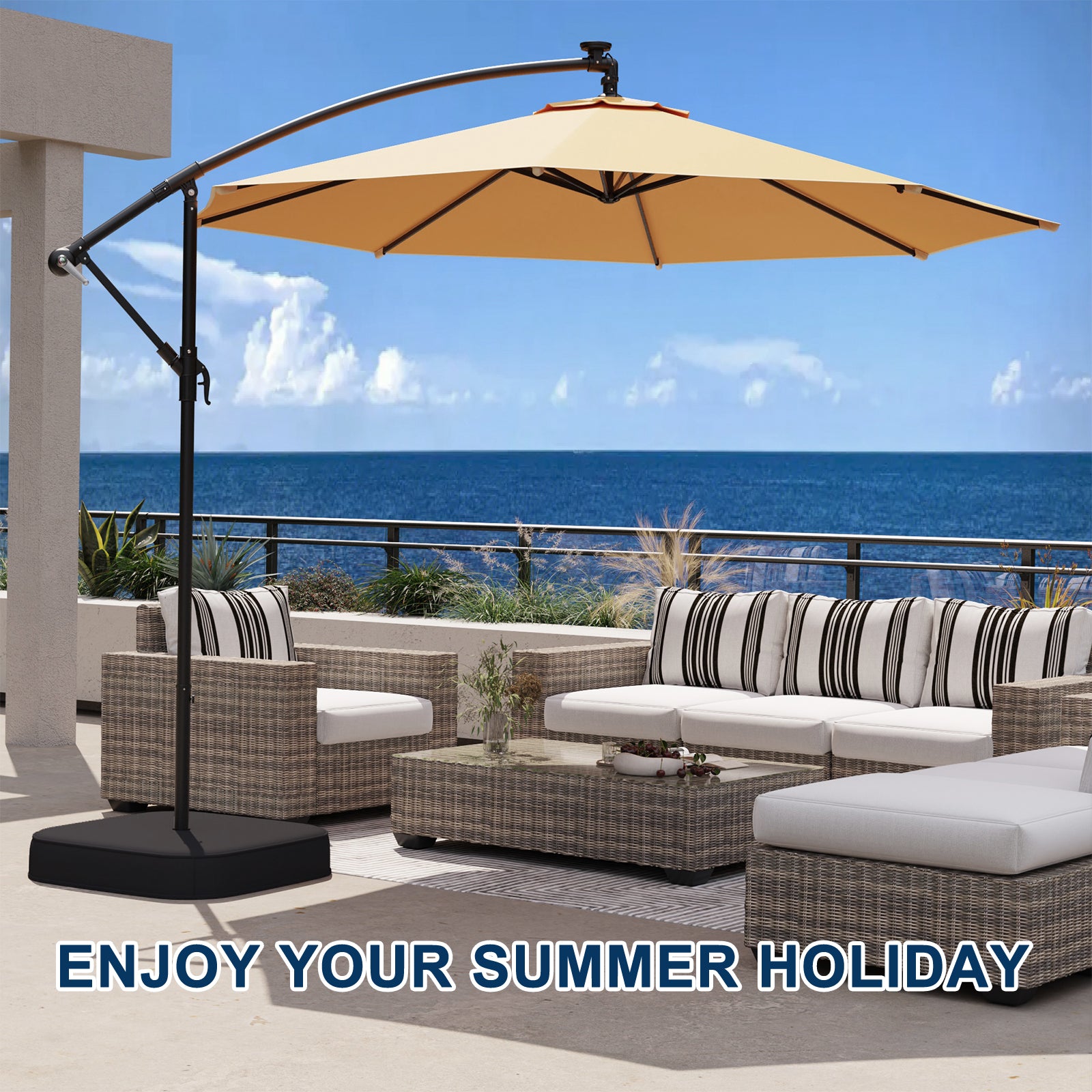 Homrest 10ft Patio Umbrella with Base, Outdoor Offset Cantilever Umbrella, Infinite Tilt, Beige