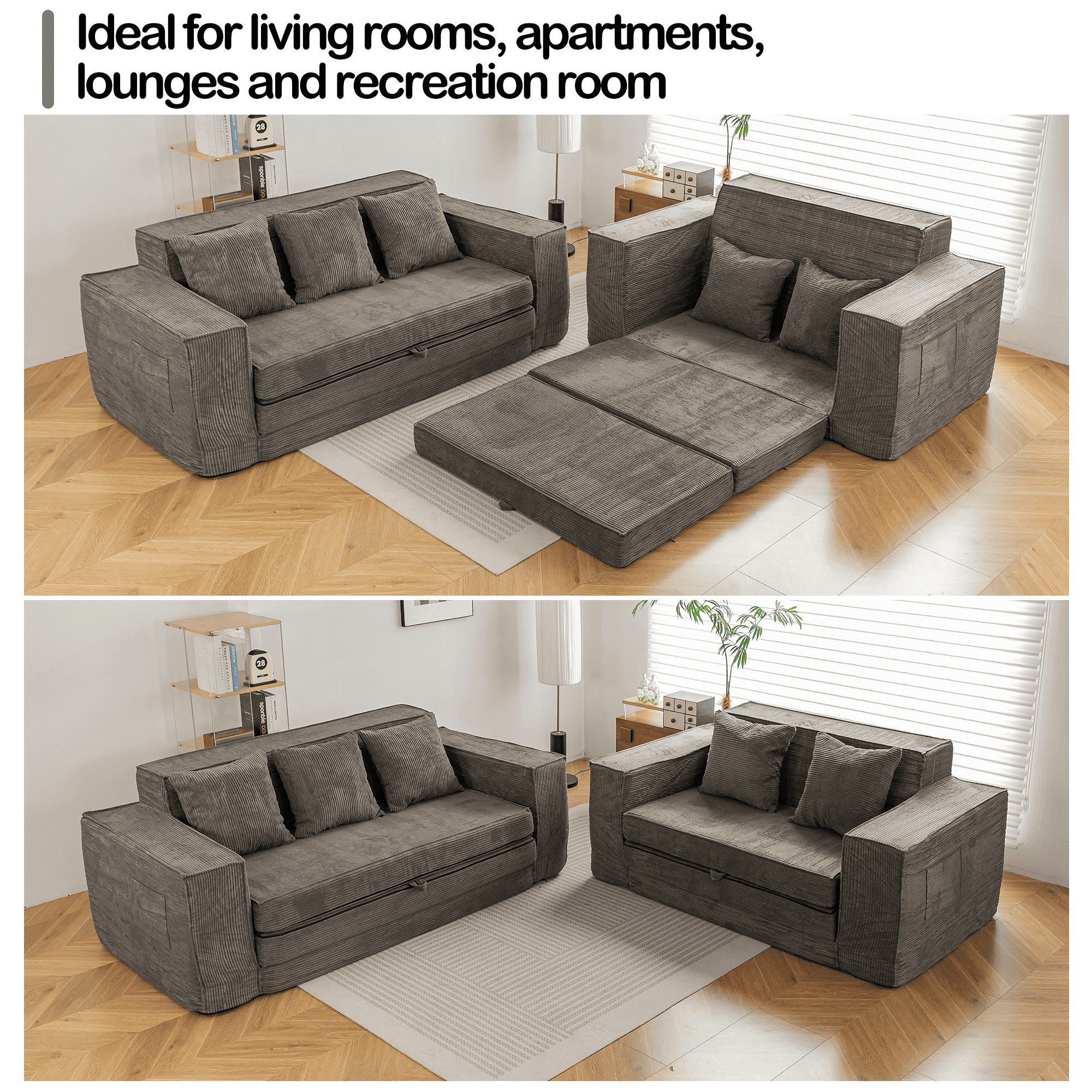 HOMREST 63 inch Convertible Memory Foam Loveseat Sofa, Pull Out Sleeper Sofa Bed, 2 in 1 Upholstered Boneless Couch with 2 Pillows for Living Room Bedroom Lounge, Grey