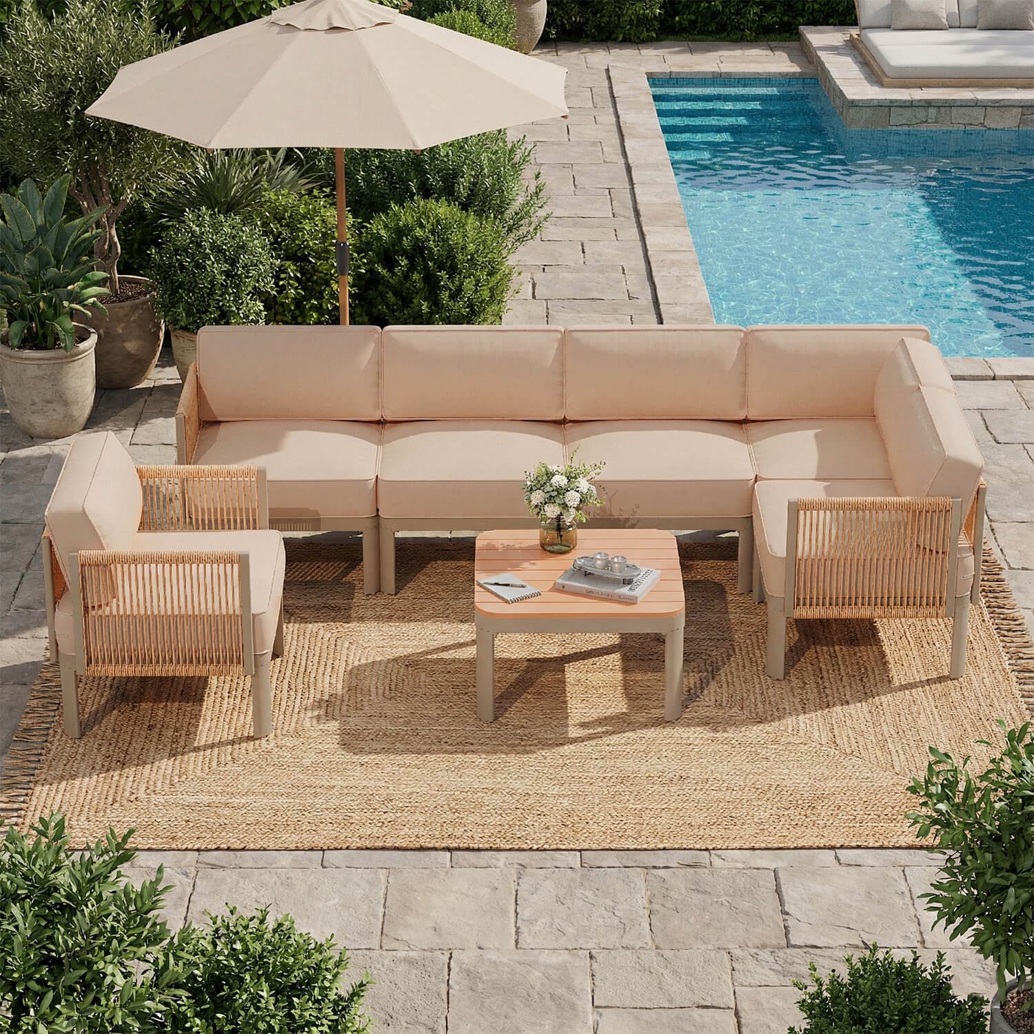 HOMREST 7 Pieces Patio Sectional Furniture Set, Aluminum Frame Outdoor Conversation Set with Single seat, 6" Thick Cushions & Coffee Table, Beige