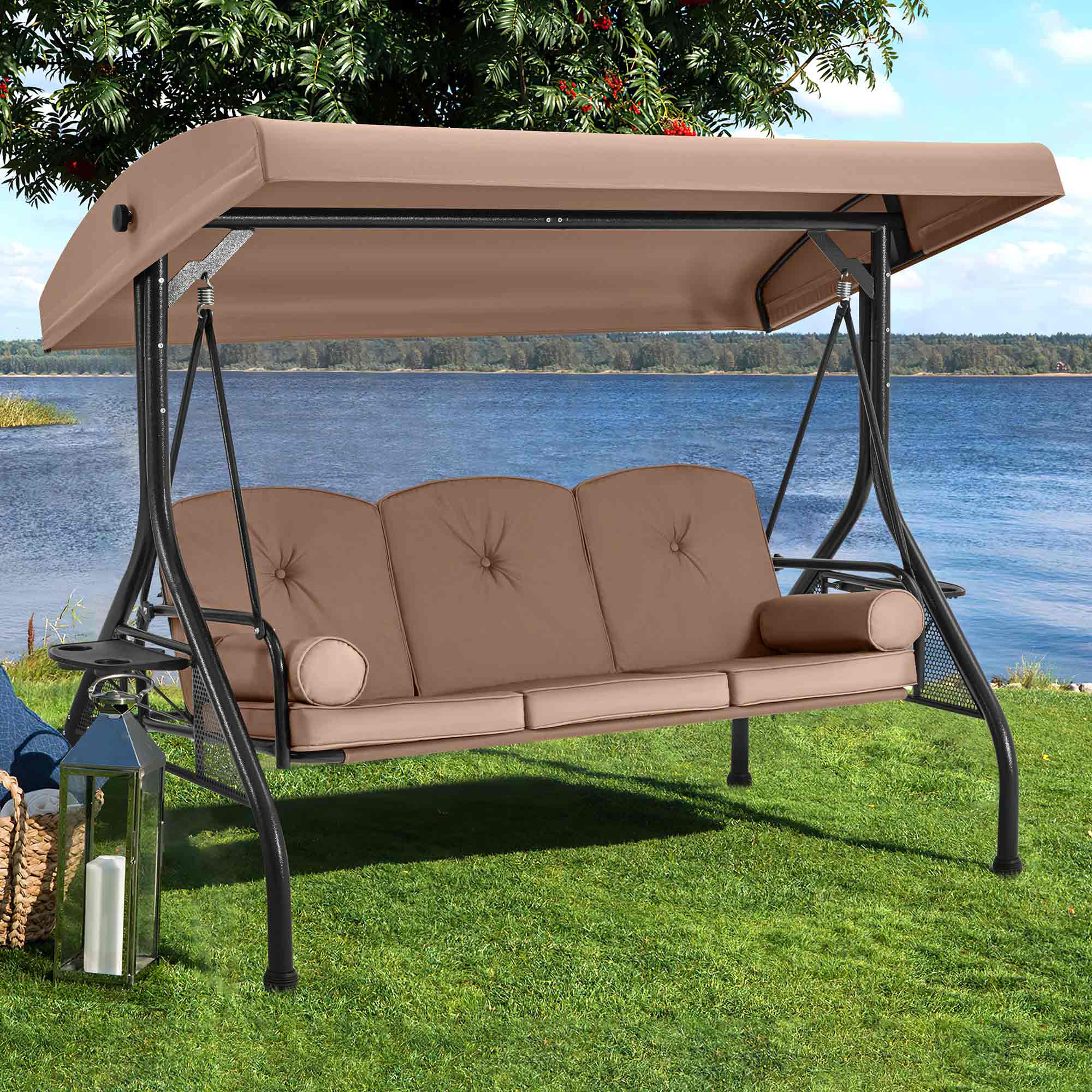 3-Seat Outdoor Porch Swing with Adjustable Canopy and Backrest, Brown | Homrest Furniture
