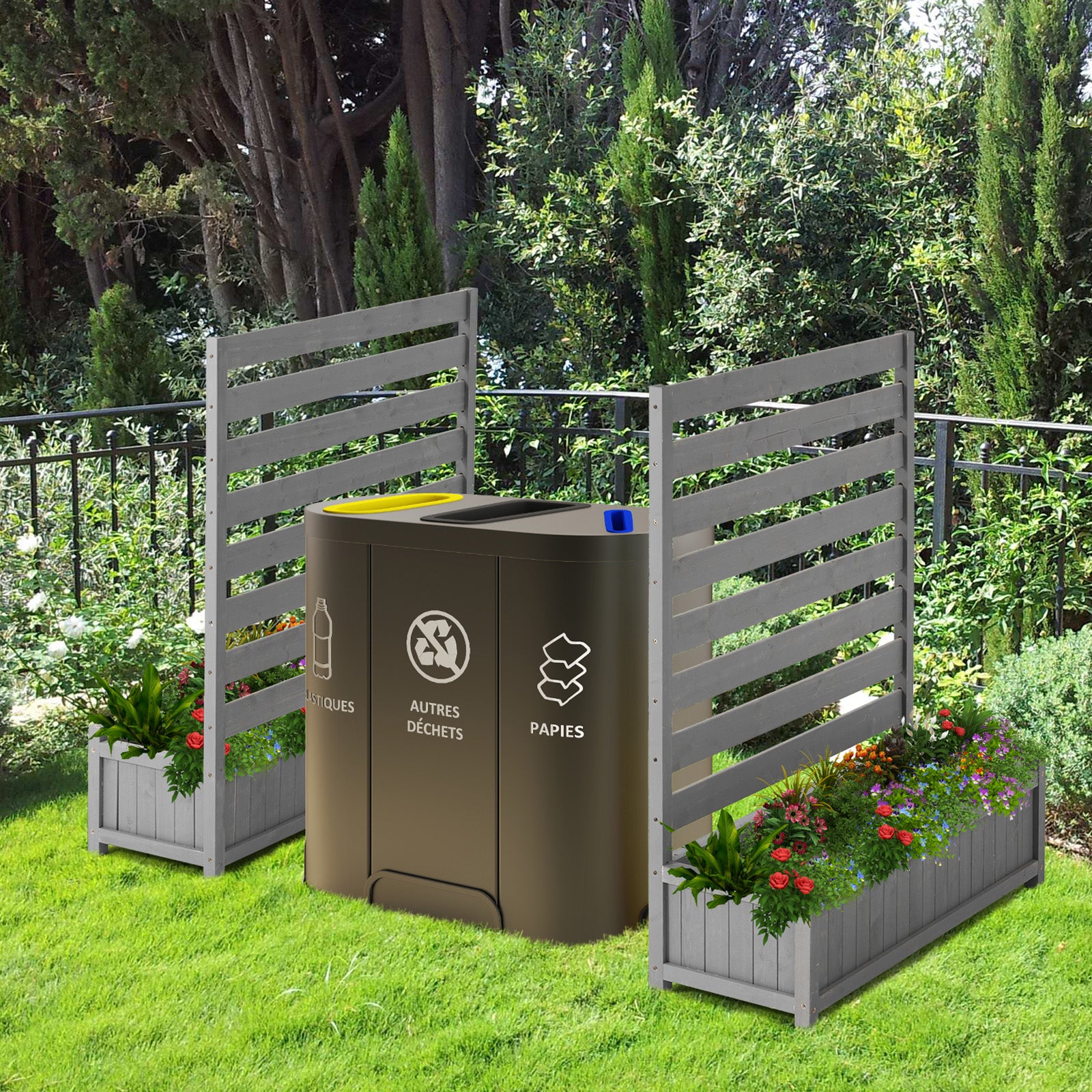 HOMREST 2-Pack No-Dig Privacy Fence Planter 36" W x 45" H, Wood Outdoor Screen for AC Unit, Trash & Flower Bed, Weather-Resistant, Grey