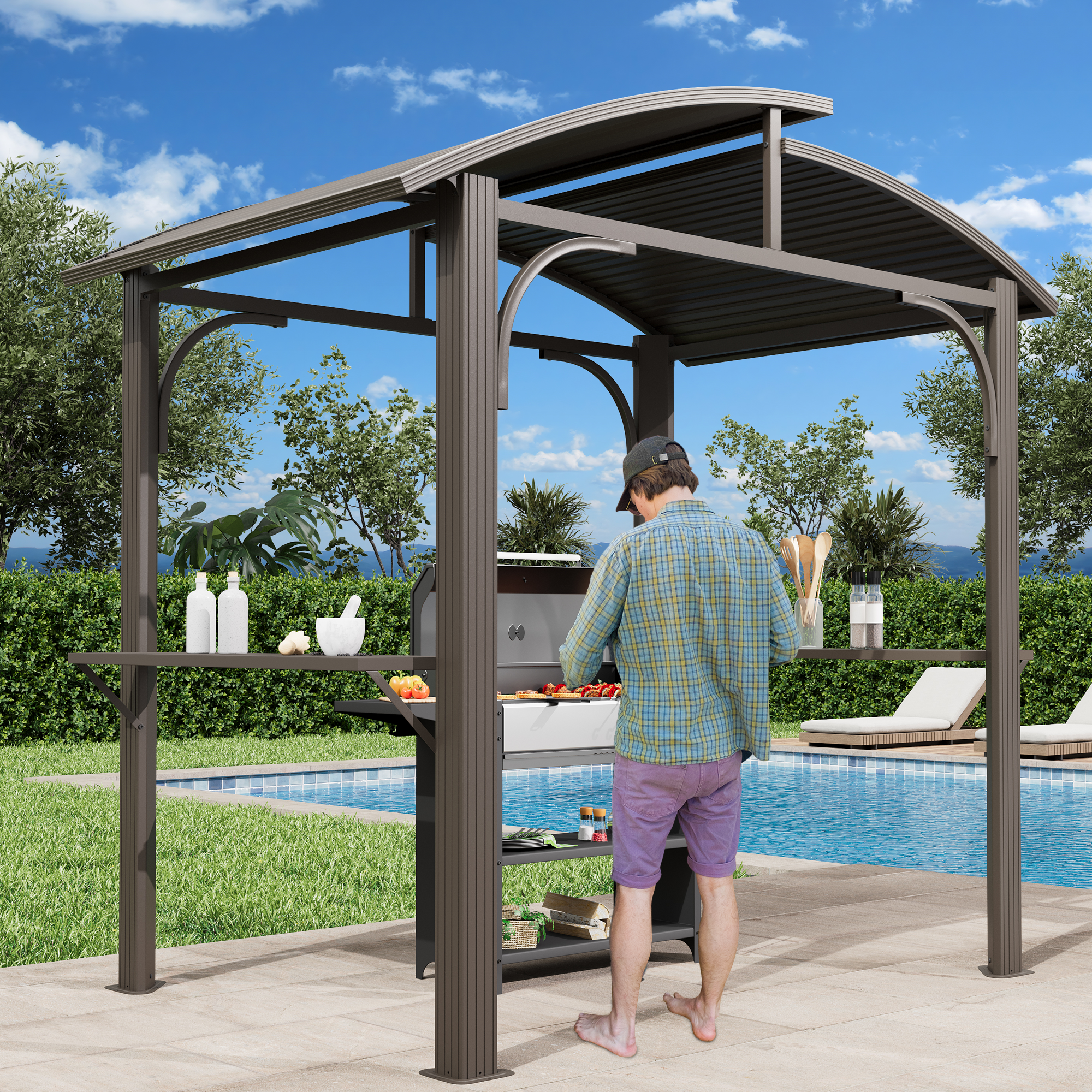 HOMREST 8' x 5' Hardtop Grill Gazebo, Outdoor BBQ Gazebo with 2 Side Shelves, Bottle Opener and Curved Galvanized Steel Roof, Brown